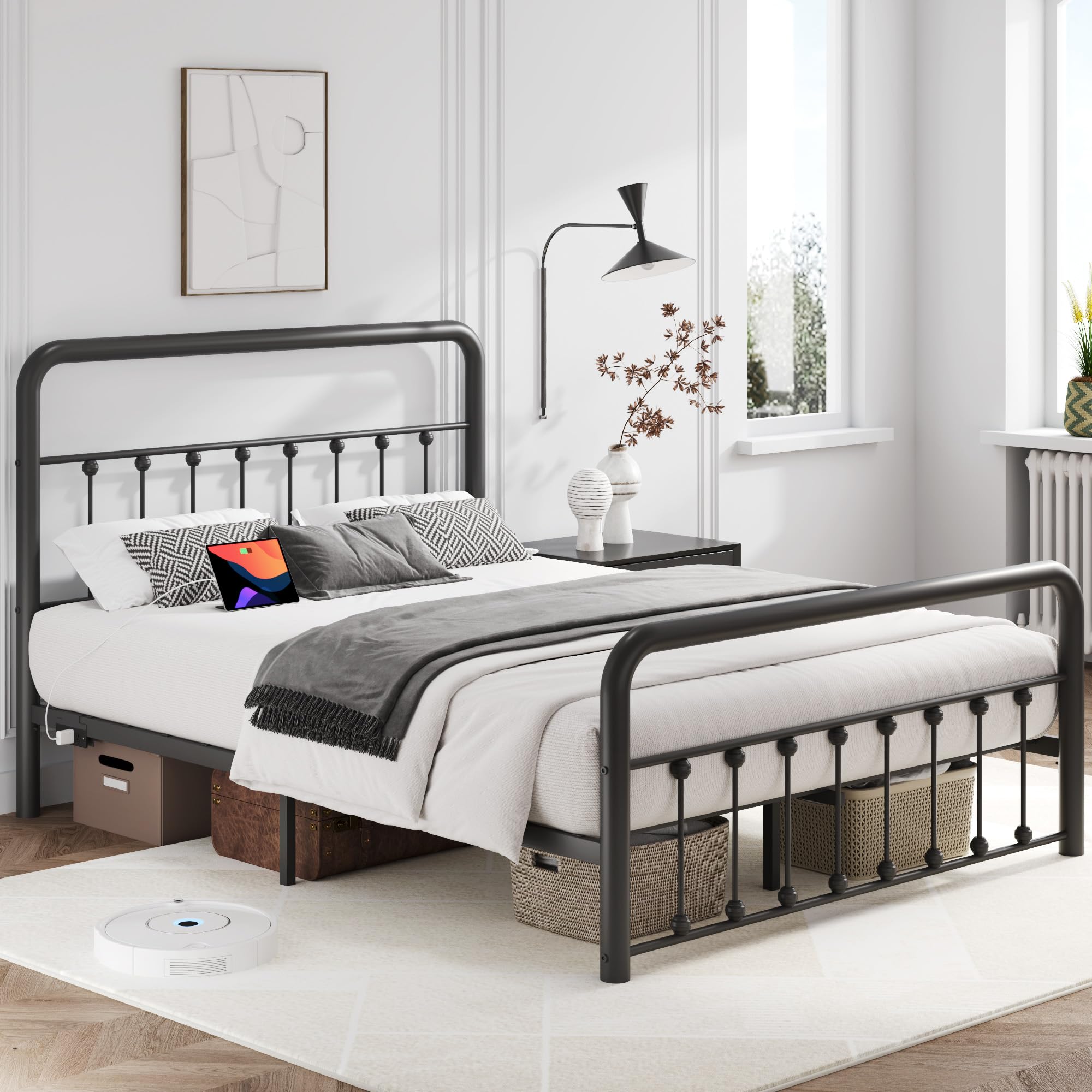 Bed Frame Classic Metal Platform Bed Frame with Charging Station & LED