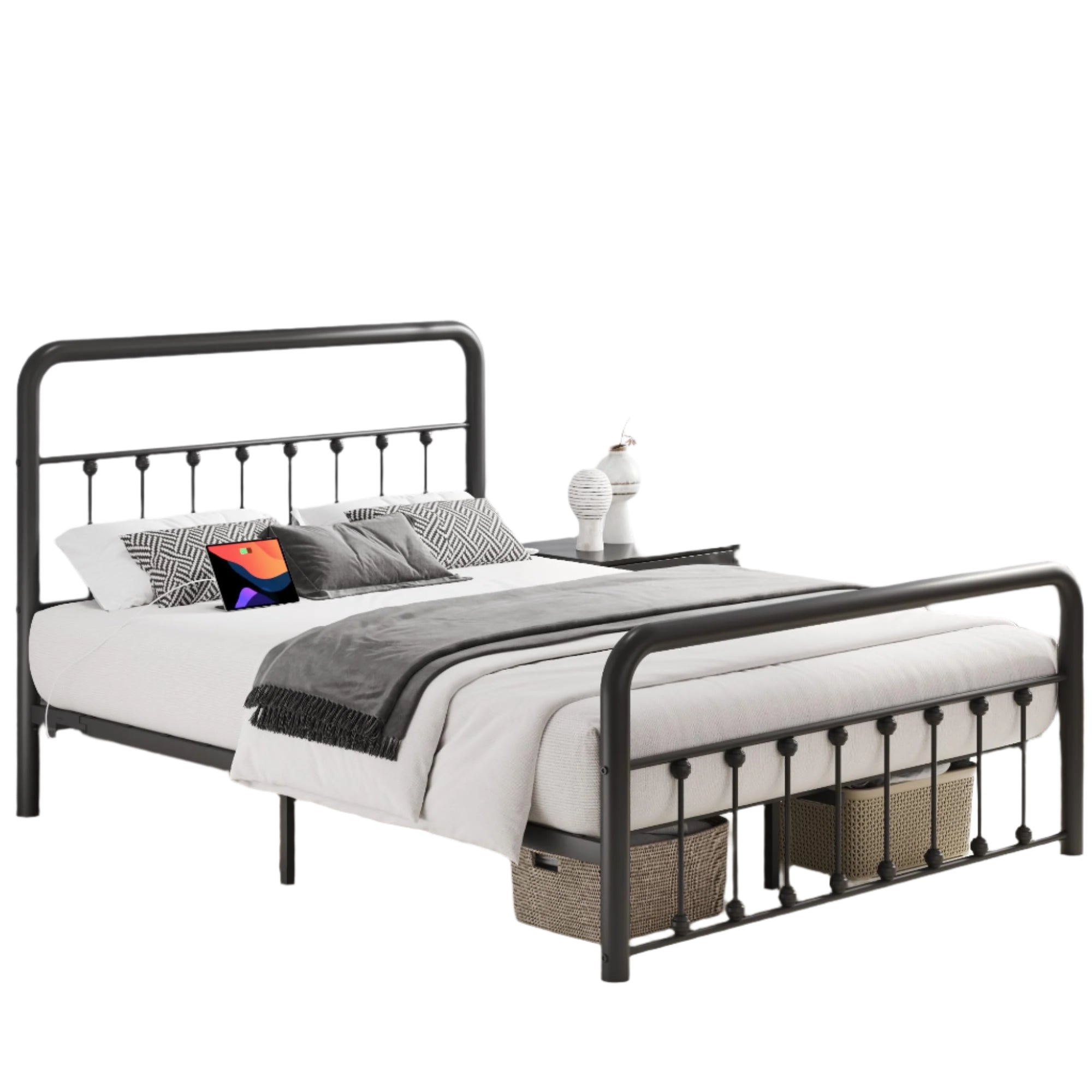 Queen Bed Frame Classic Metal Platform Bed Frame with Charging Station & LED