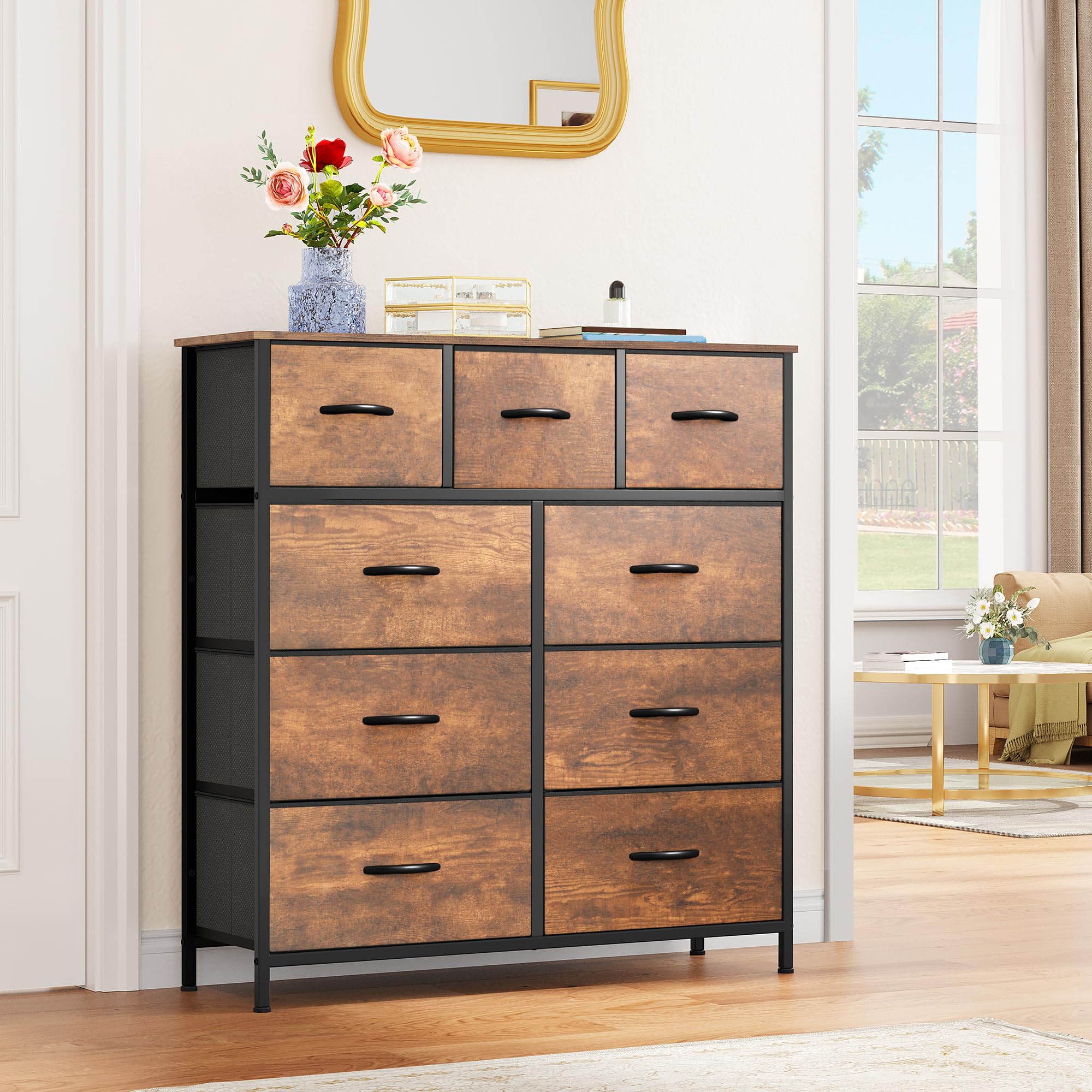 Dresser for Room with 9 Drawers - Fabric Storage Tower, Tall Chest Organizer Unit
