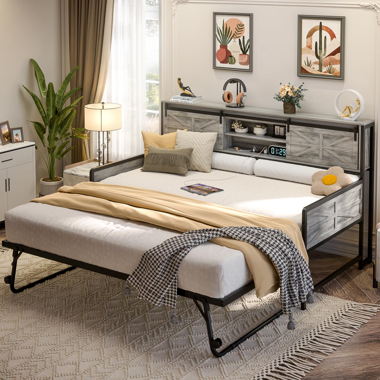 Daybed with Trundle, Farmhouse Twin Day Bed with Bookcase Headboard
