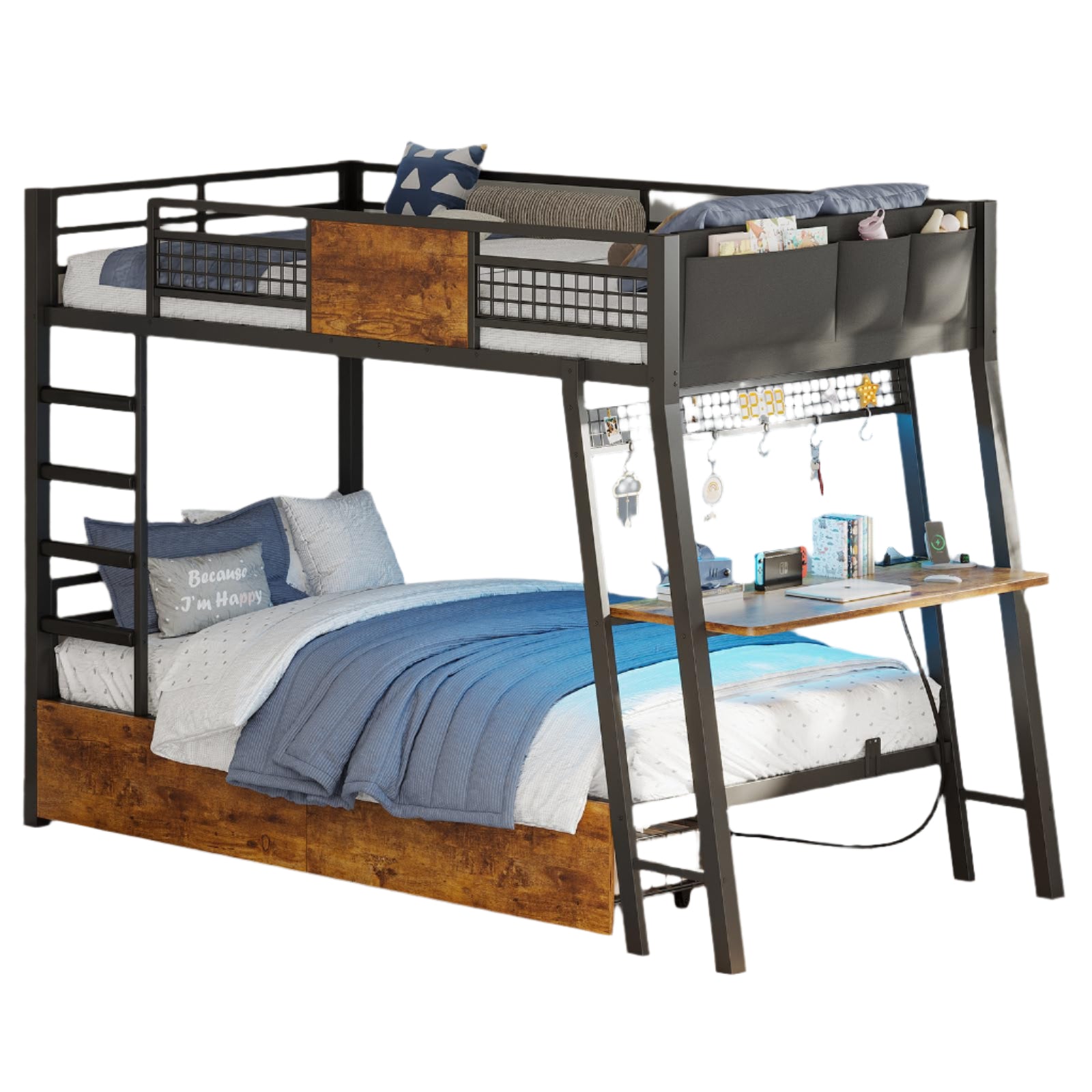 Bunk Bed with Desk, Twin Over Twin Metal Bunk Beds with Power Outlets