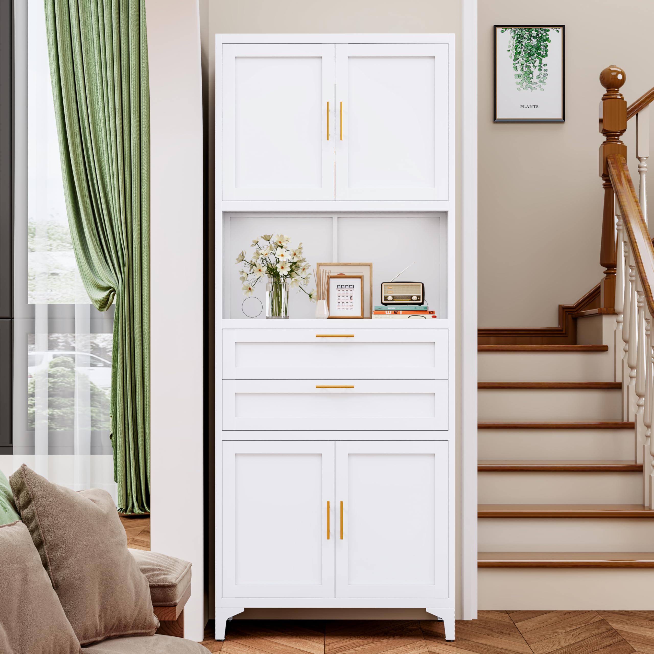 75" Metal Kitchen Pantry Cabinet with Glass Doors & Drawers