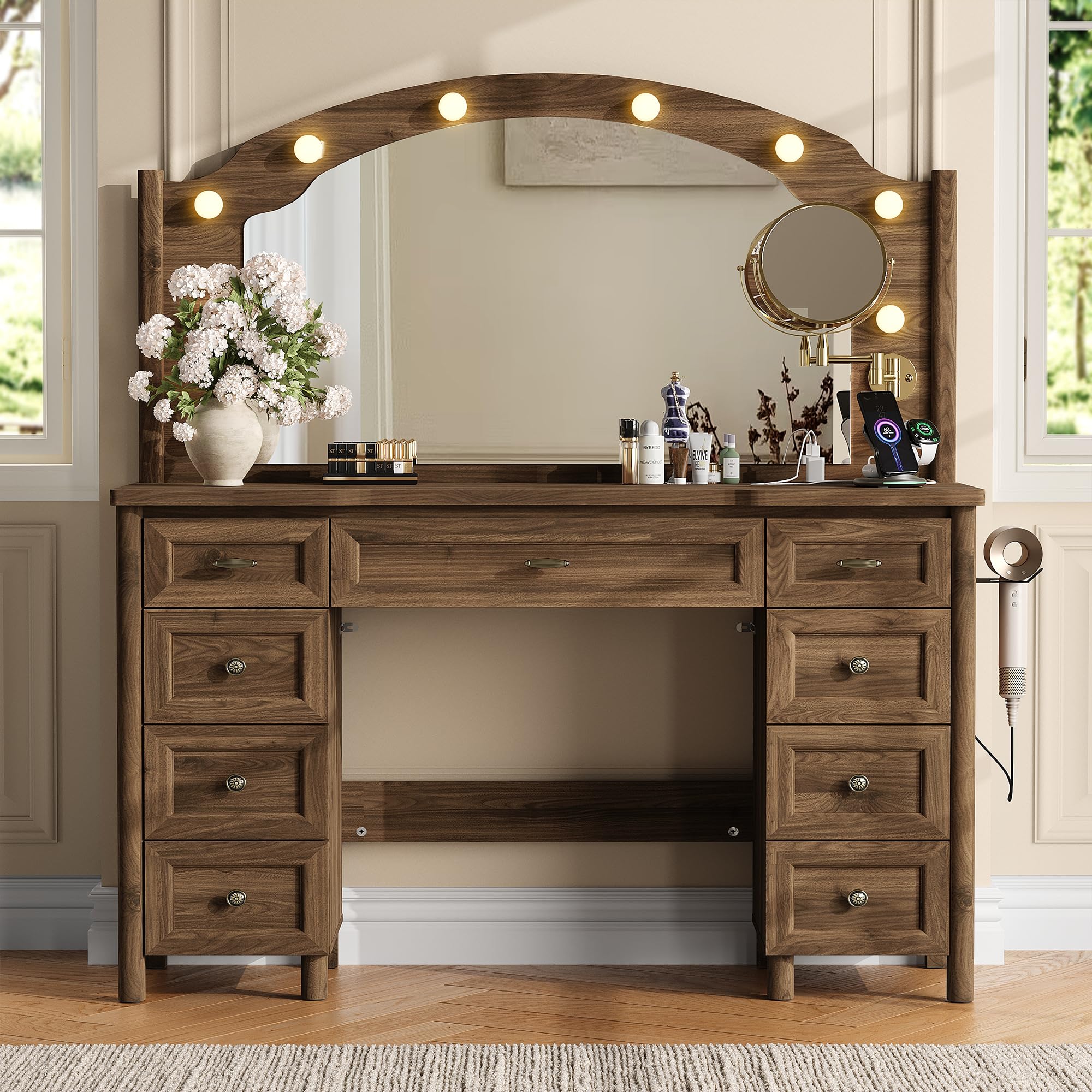 9-Drawer Vanity Desk with Mirror & Lights