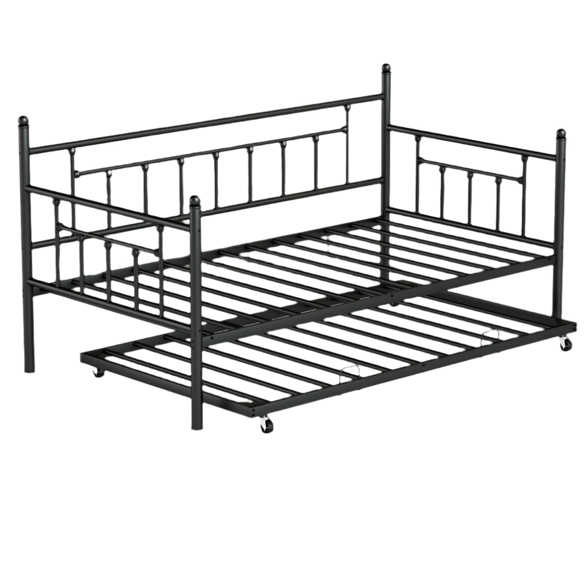 Daybed with Trundle, Black Twin Day Bed with Backrest, Metal Trundle