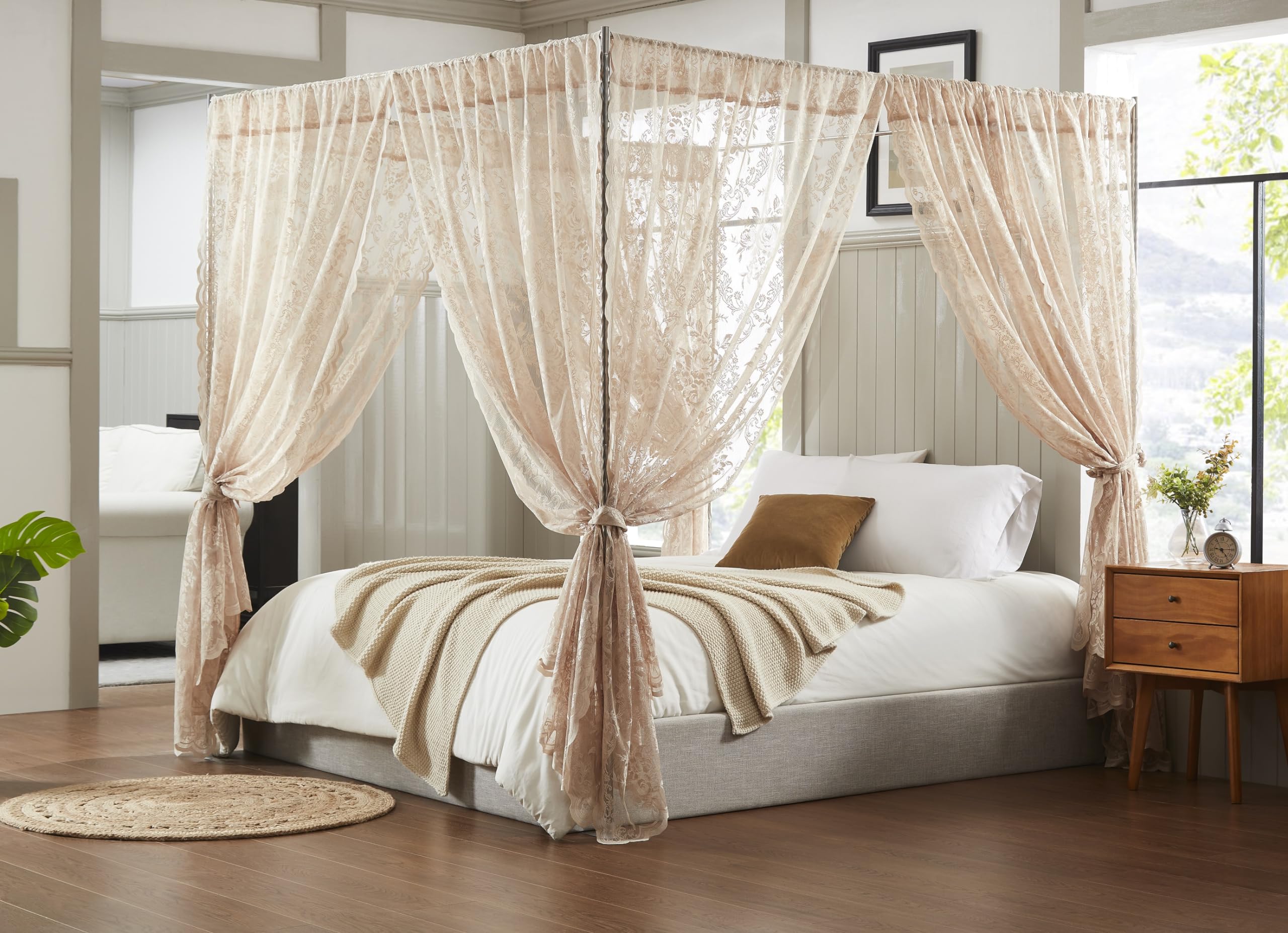 Lace Canopy Bed Curtains Set Consists of 8 48" x 78" Linen Canopy Curtains