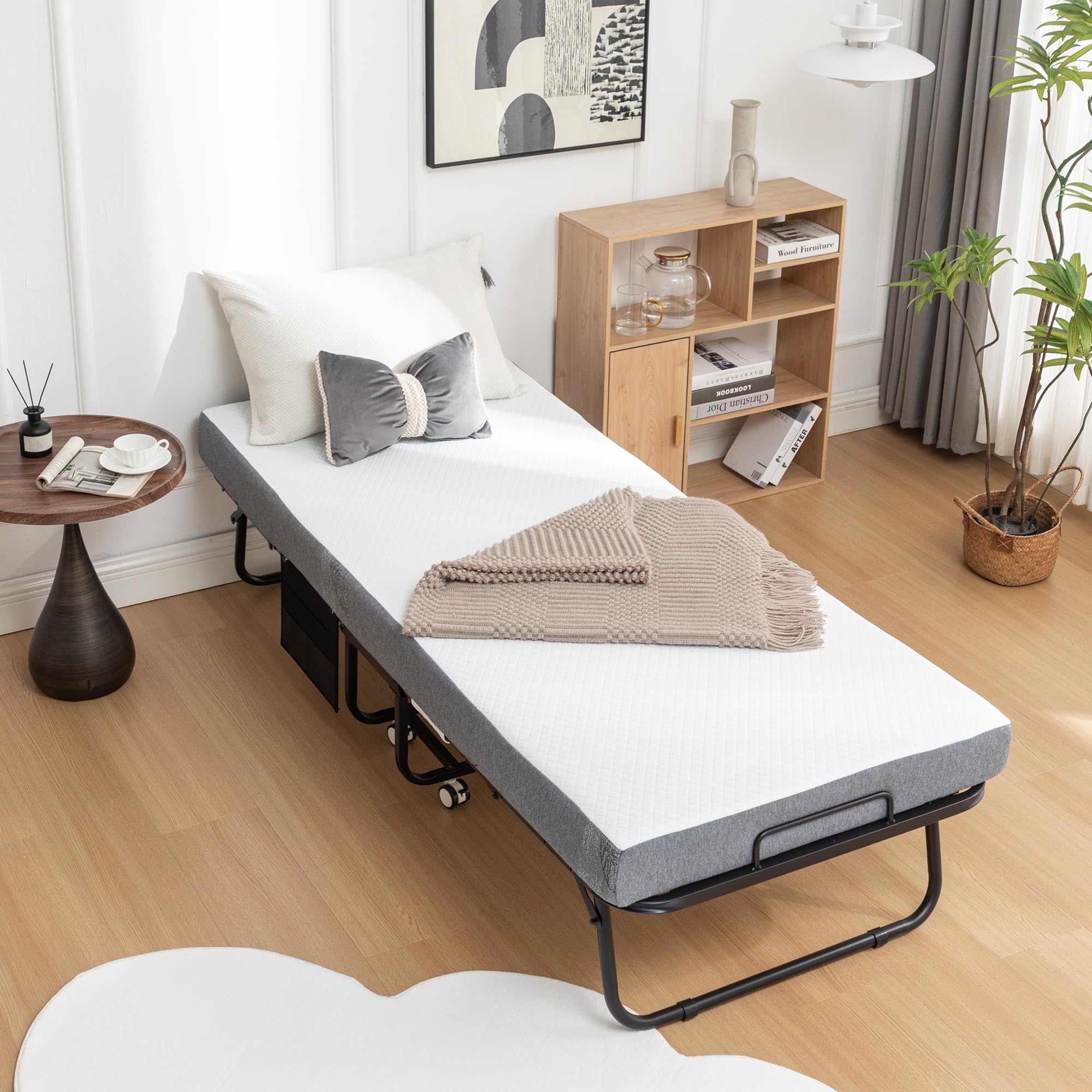 with Mattress for Adult, Twin Portable Foldable Rollaway Bed with Wheels