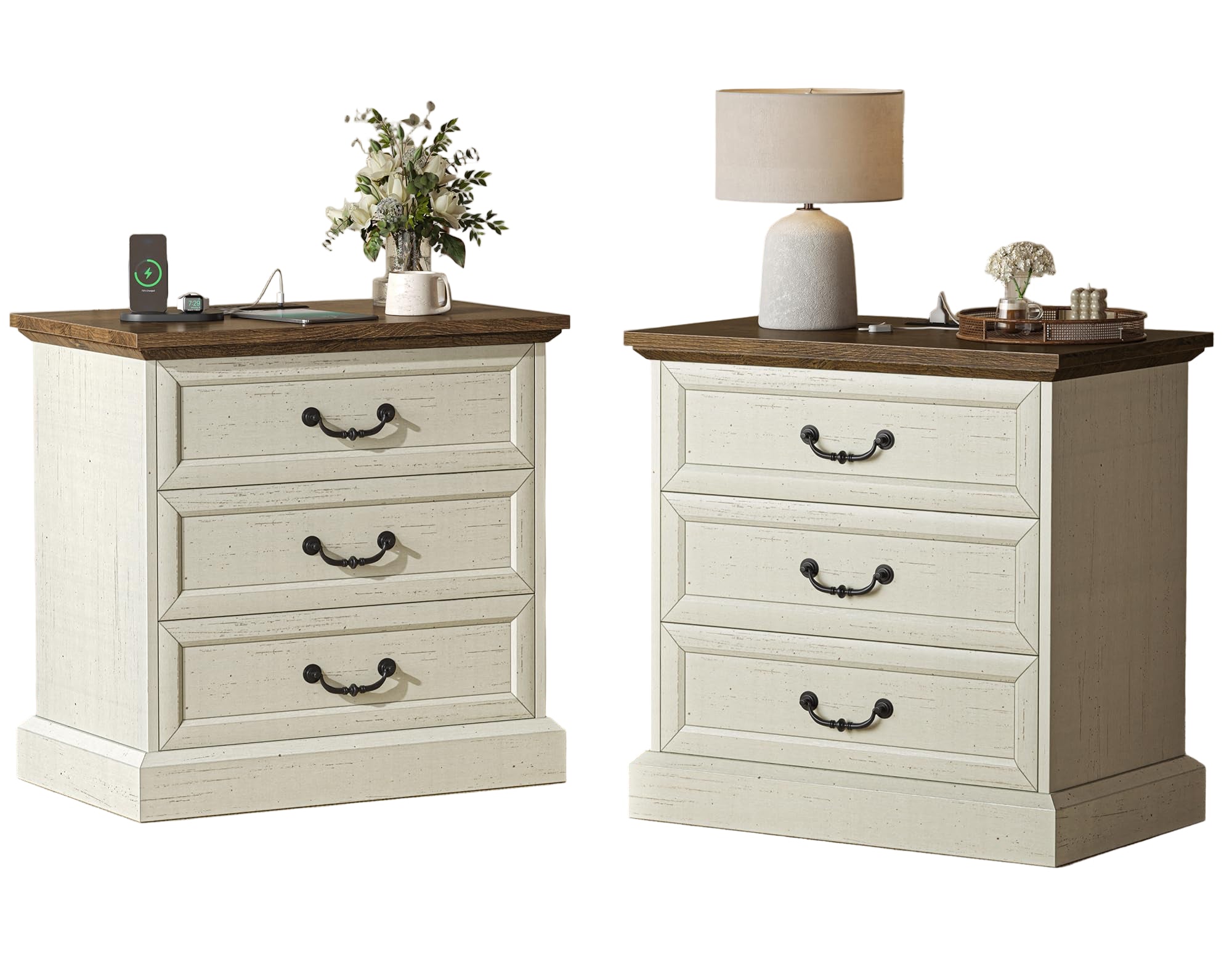 Nightstand with Charging Station, 3 Drawer Night Stand Set of 2