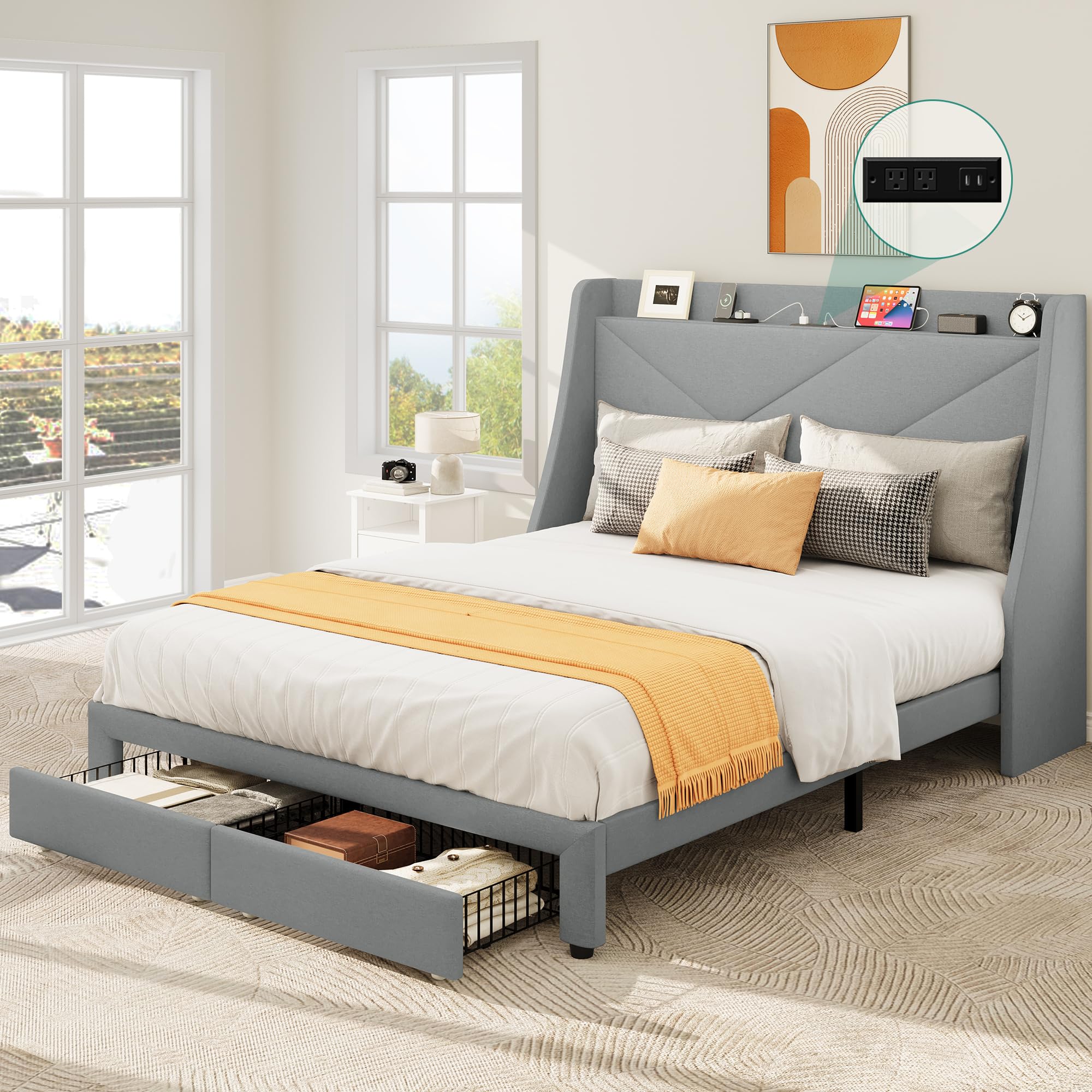 Storage Bed Frame, Queen Size Bed Frame with Type-C & USB Port