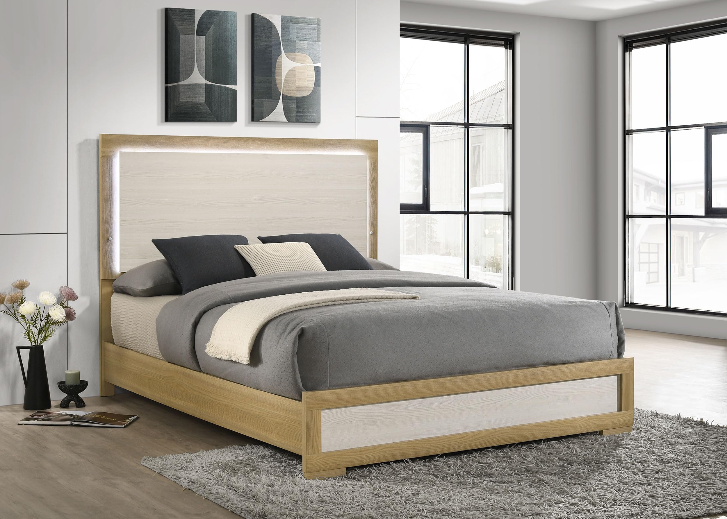 Coaster Home Furnishings Hyland Coastal Wood Queen Size LED Panel Bed Frame 52-inch Headboard Natural 215651Q