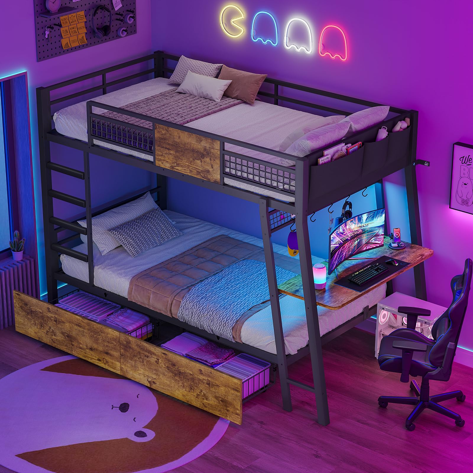 Bunk Bed with Desk, Twin Over Twin Metal Bunk Beds with Power Outlets