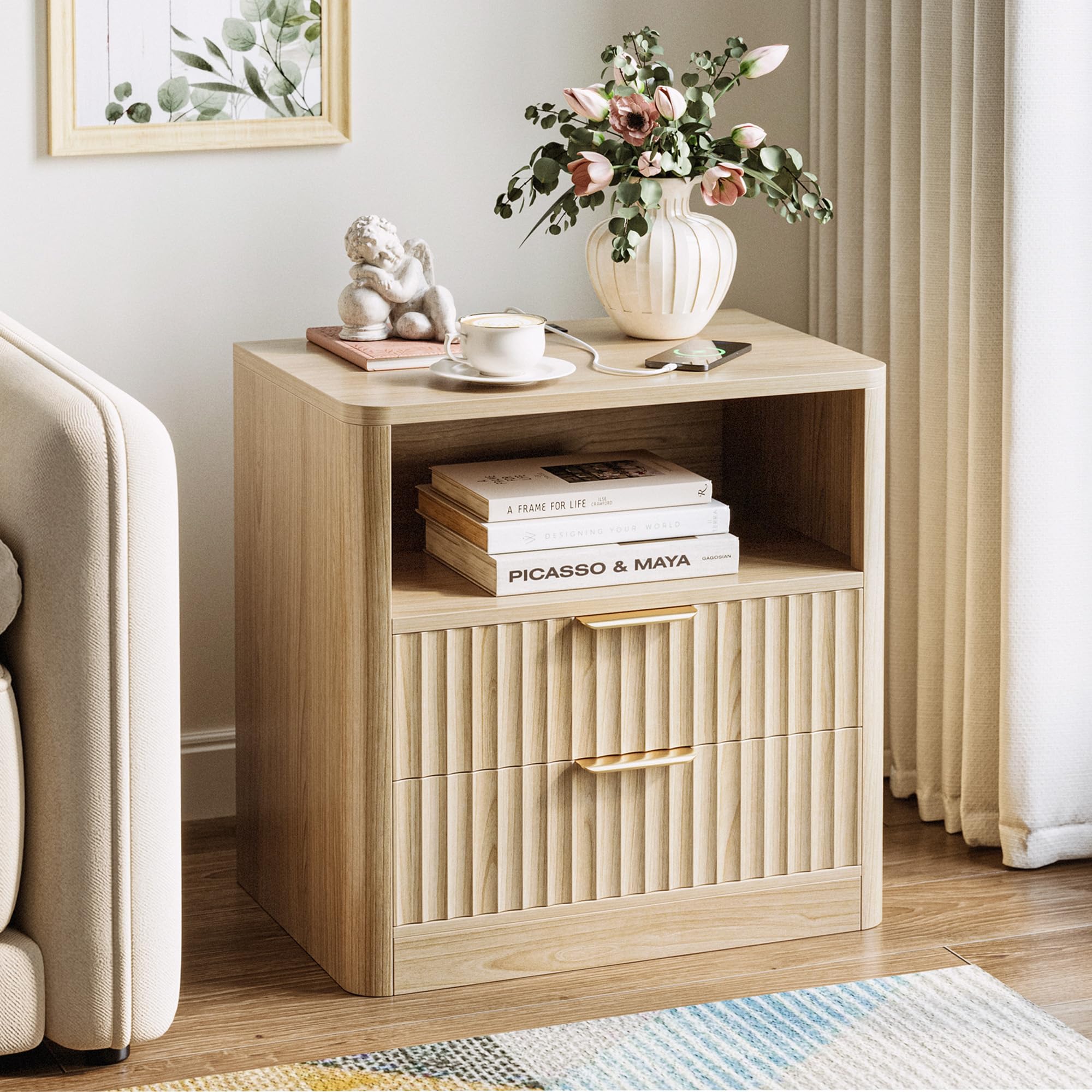 Fluted Night Stand Set of 2, Modern Nightstand with Charging Station