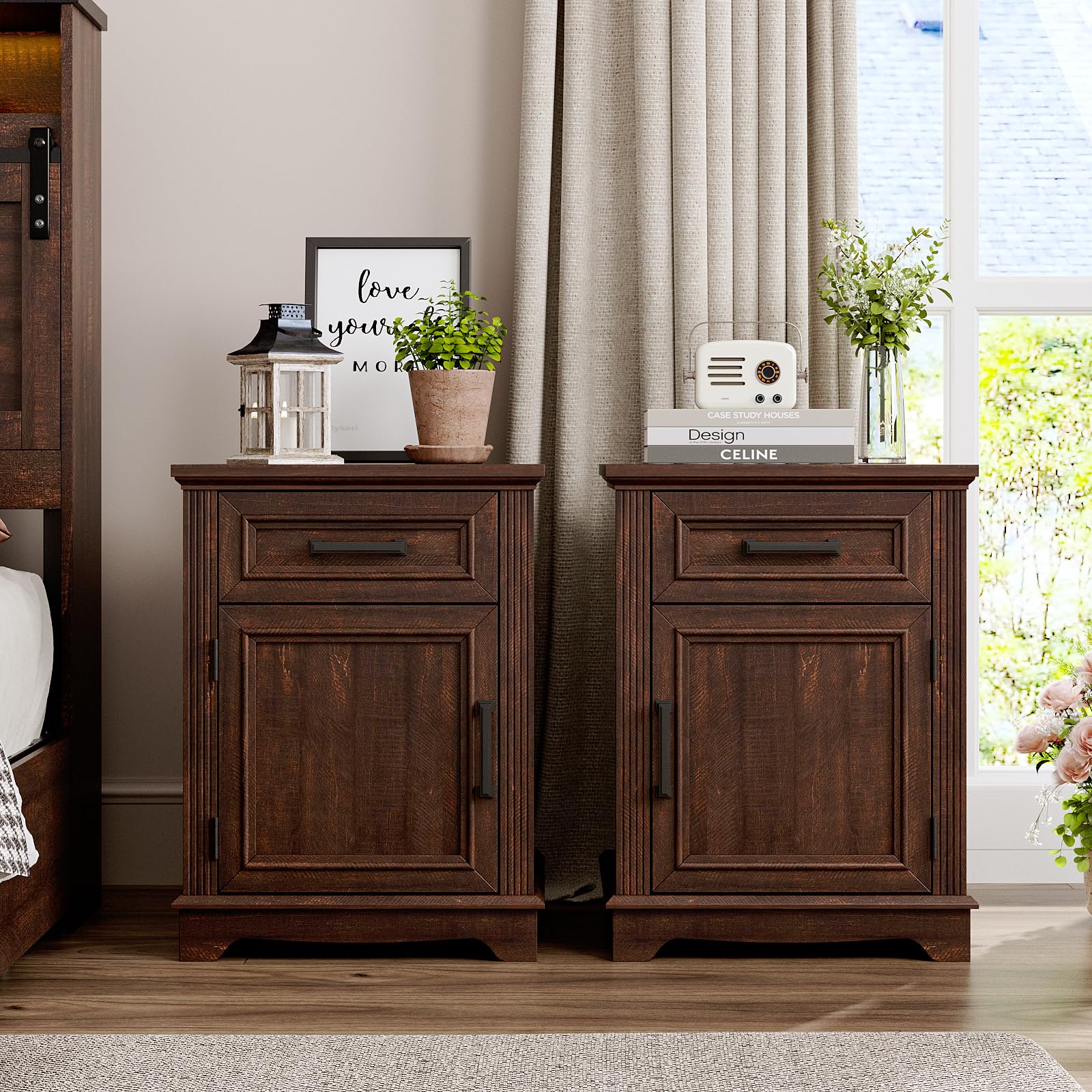 Farmhouse Nightstand Set of 2, Bedside Table with Drawers for Bedroom