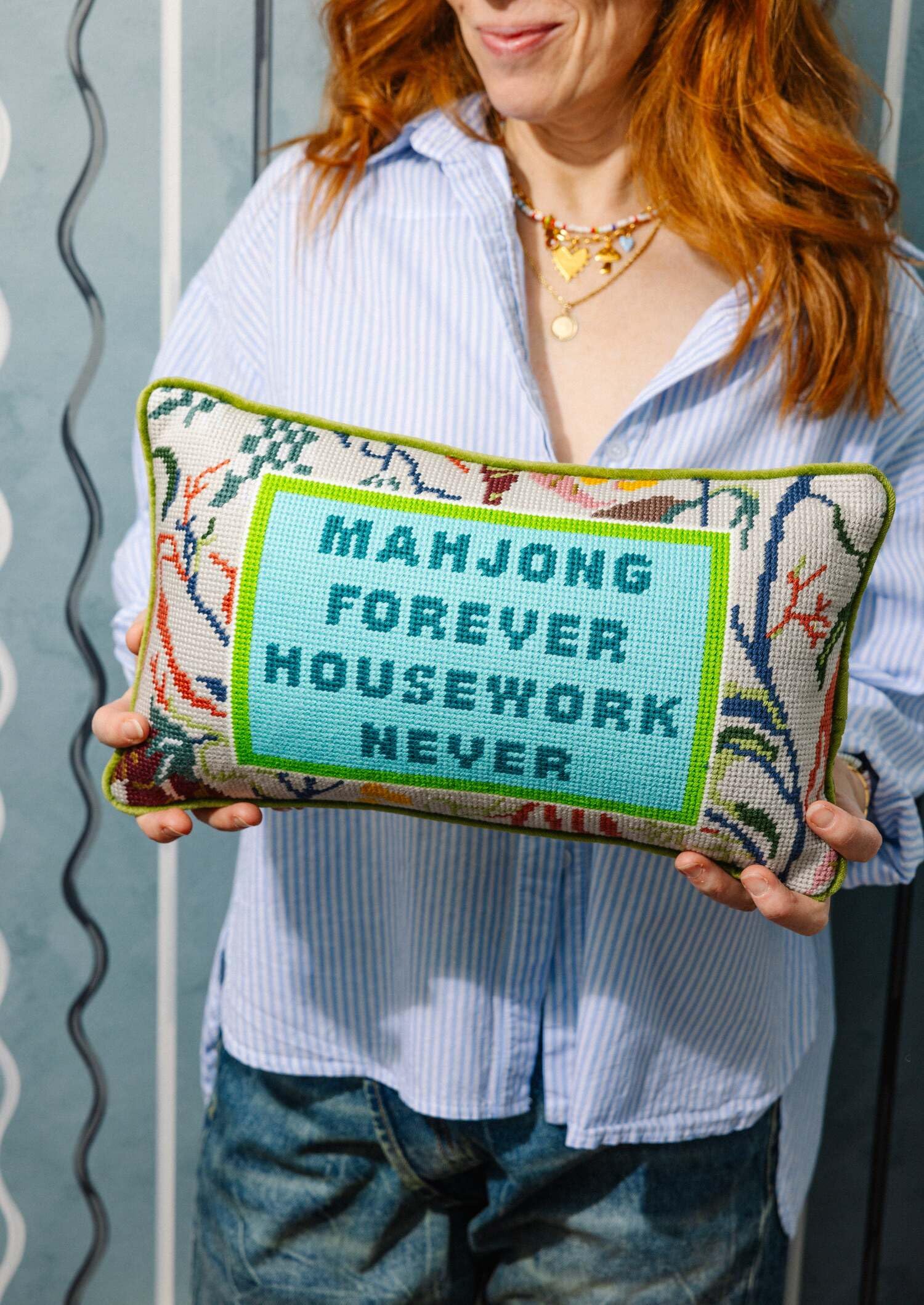Decorative Throw Pillow - Mahjong - 9"x15" - Small Embroidered Designer