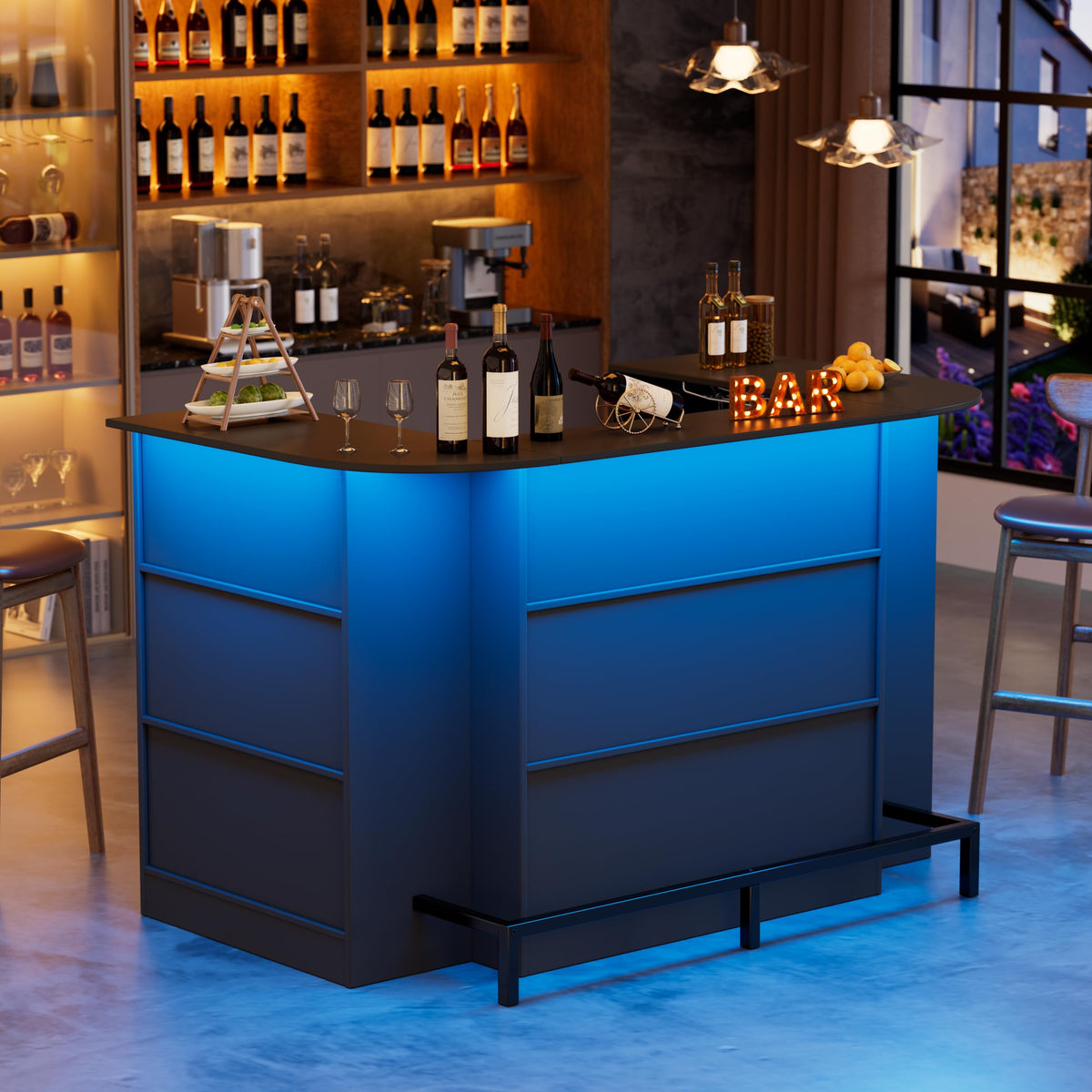 U-Shaped Home Bar Cabinet with LED Light & Stemware Holders