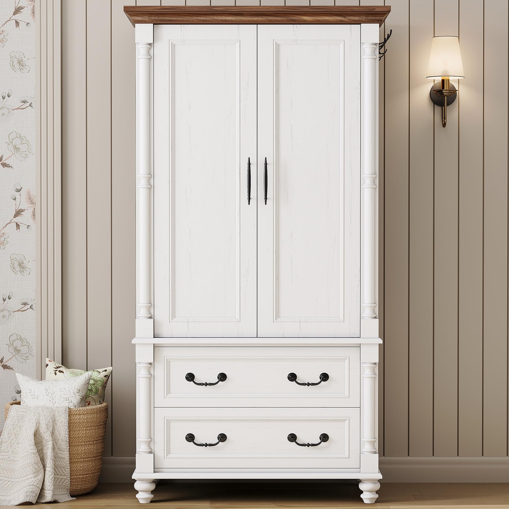 Farmhouse Armoire Wardrobe Closet with 2 Doors and 2 Drawers, 70" H x 36" W