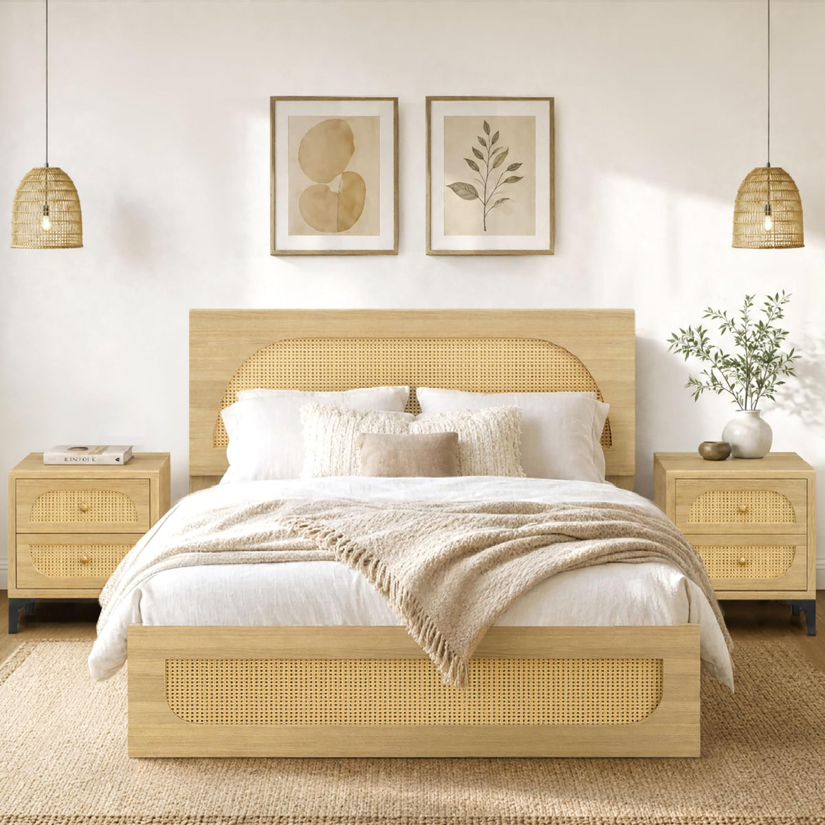 Rattan Nightstand with Drawers & USB Charging