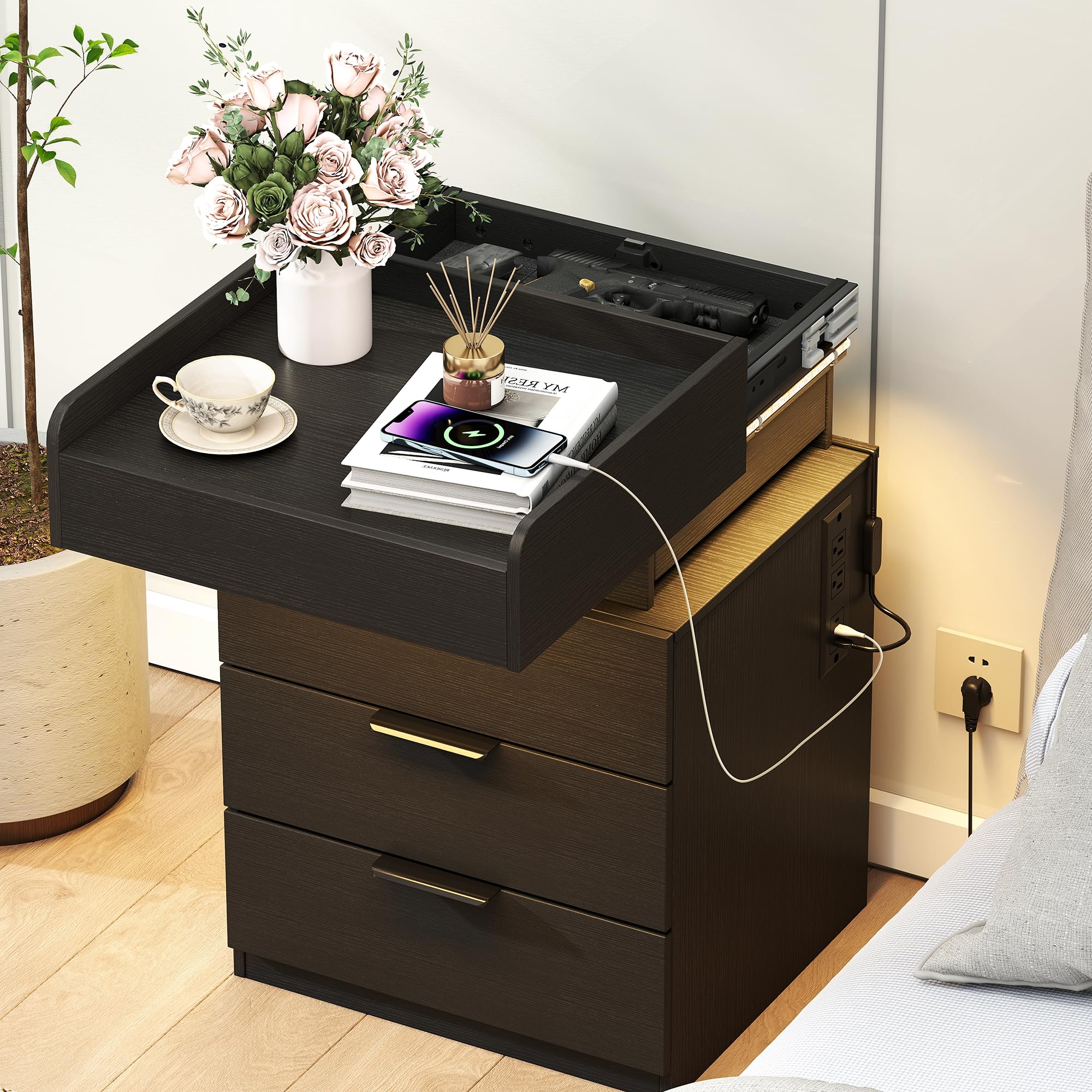 Baoz Nightstand with 3 Drawers & Sliding Top for Bedroom- LED Night Stand with Right Charging Station & Open Compartment Modern Bedside End Table with Gun Drawer (Black)