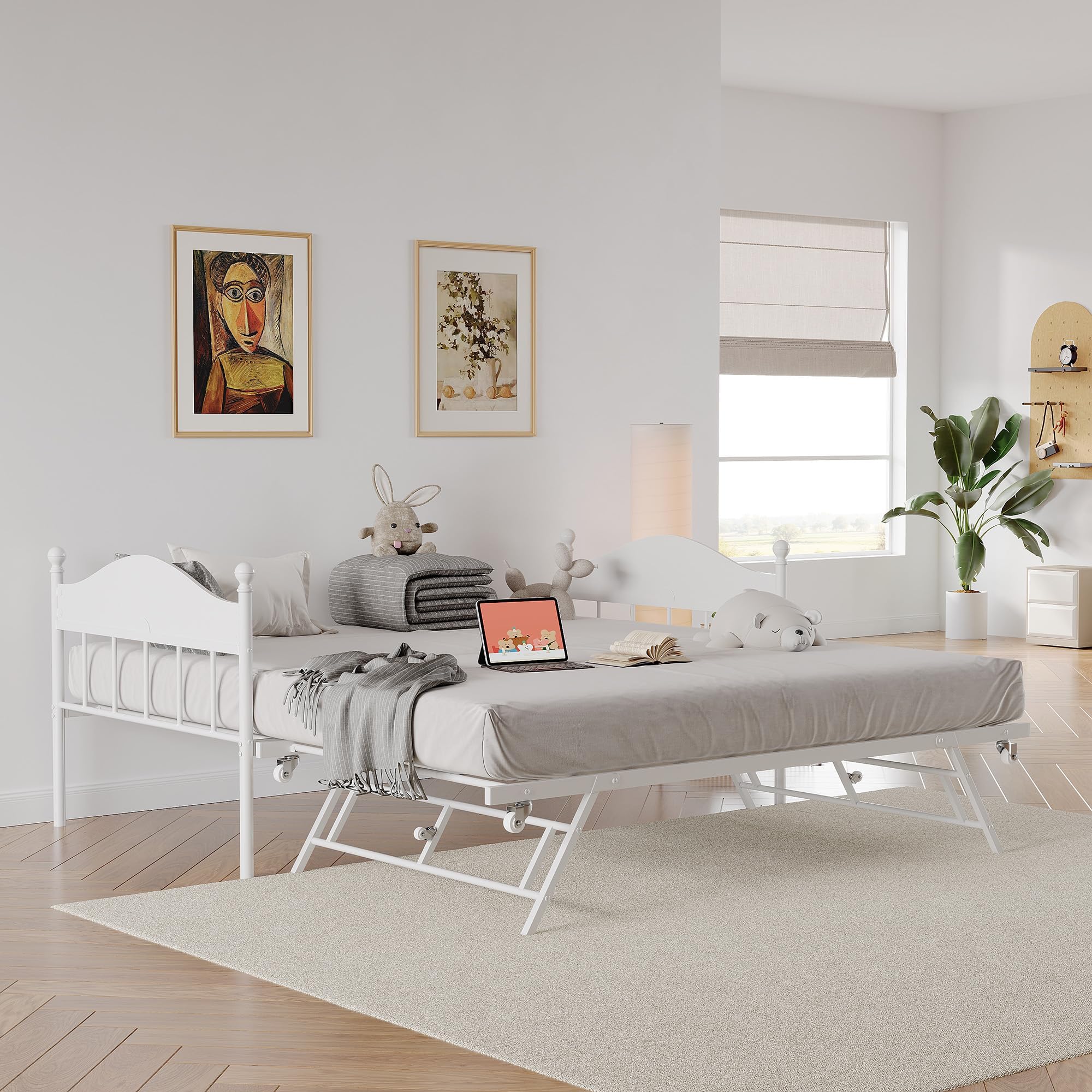 Trundle, Twin Bed Frame with Sturdy Metal Foldable