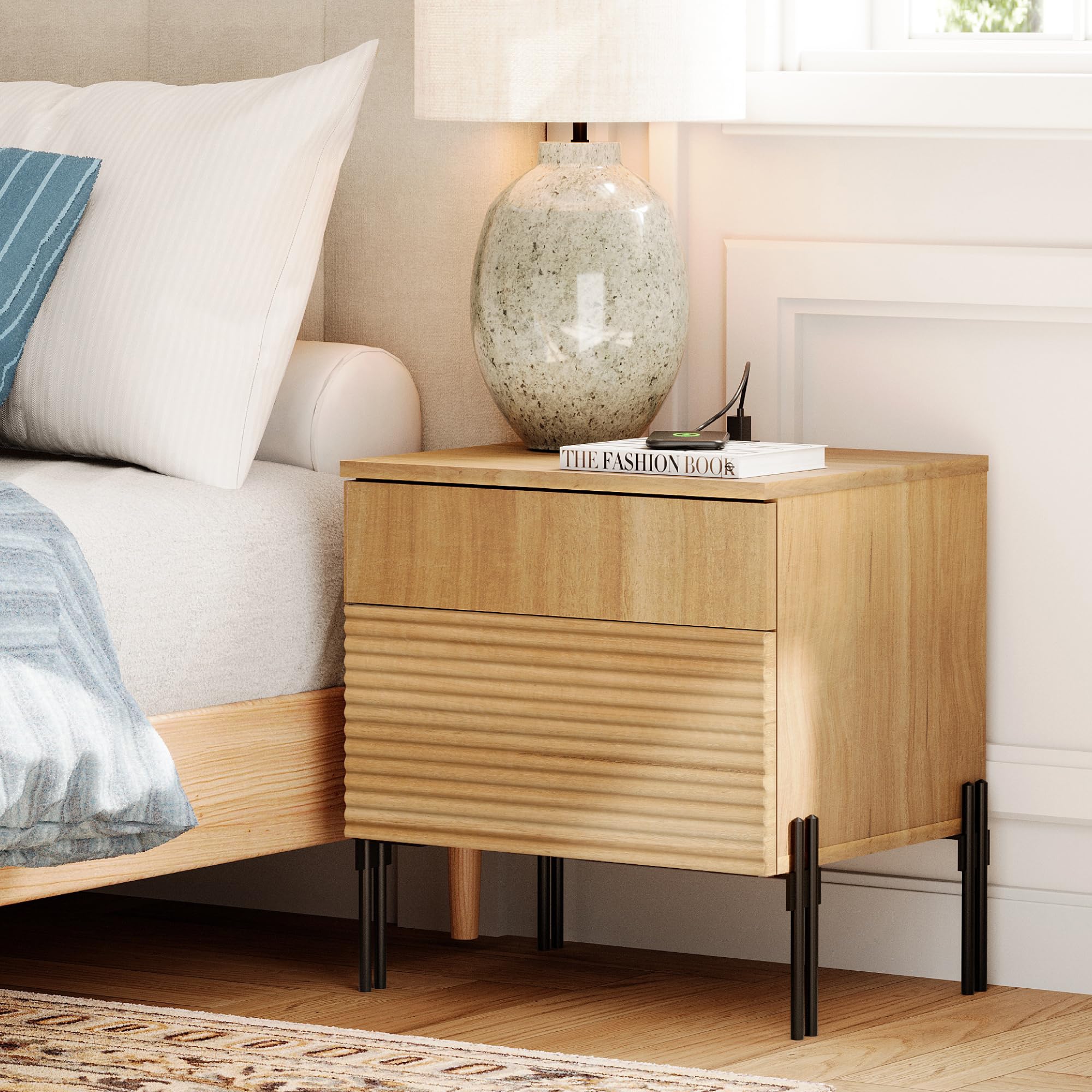 Fluted Nightstand with Charging Station,19.1" W Mid Century Modern Night Stands