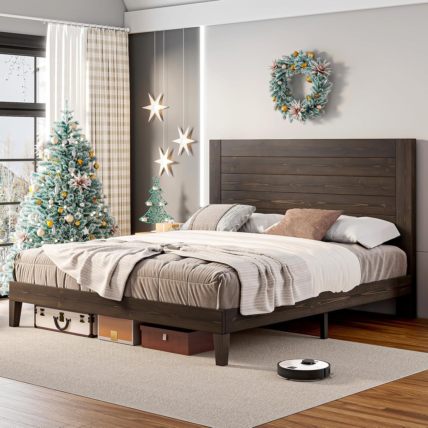 King Size Solid Wood Bed Frame, Wooden Platform Bed with 48" Headboard