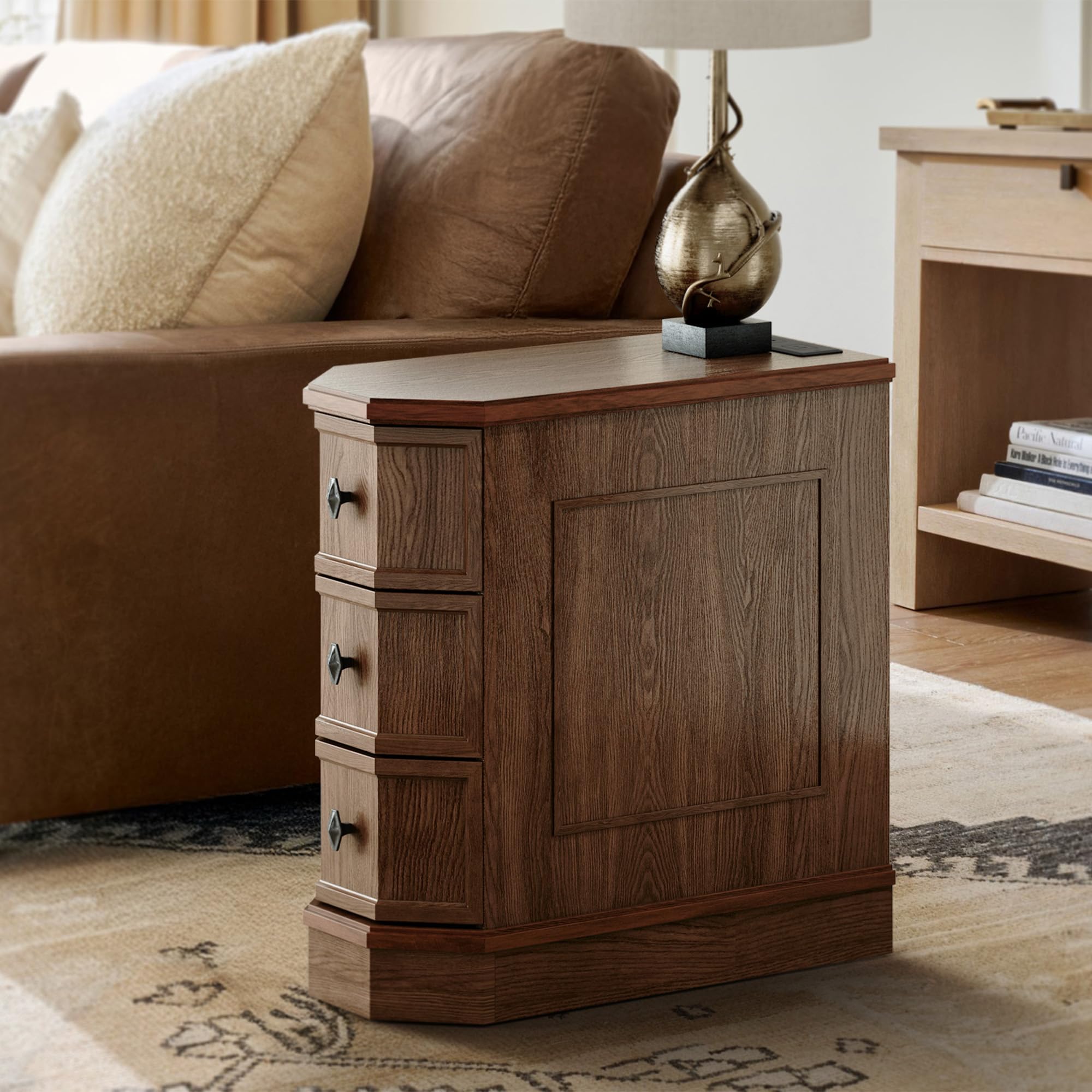 Nightstand Set of 2 with Charging Station, Vintage Wood End Table with 3 Drawer