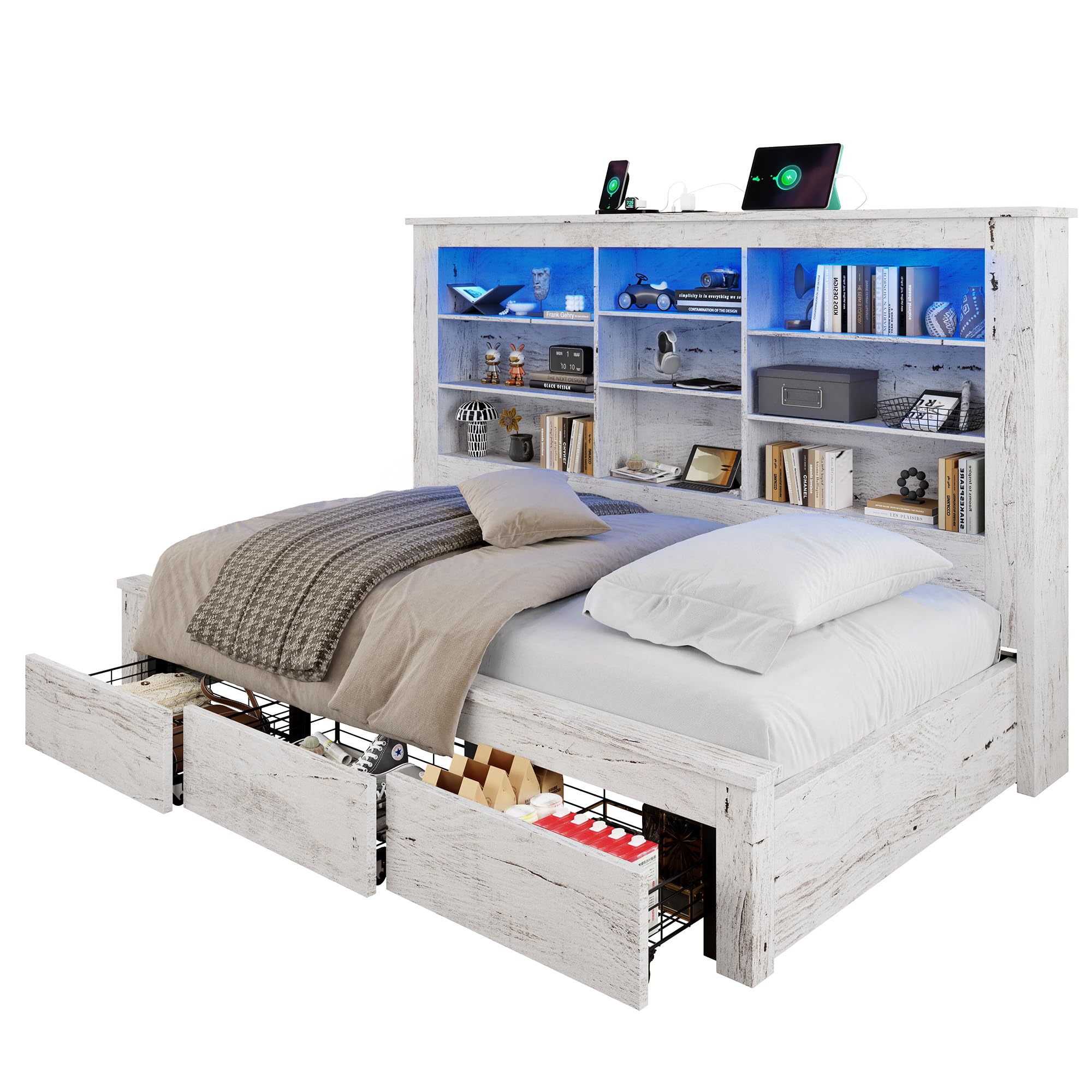 Daybed with Bookcase Headboard, USB-C Charging, RGB Lights & 3 Drawers