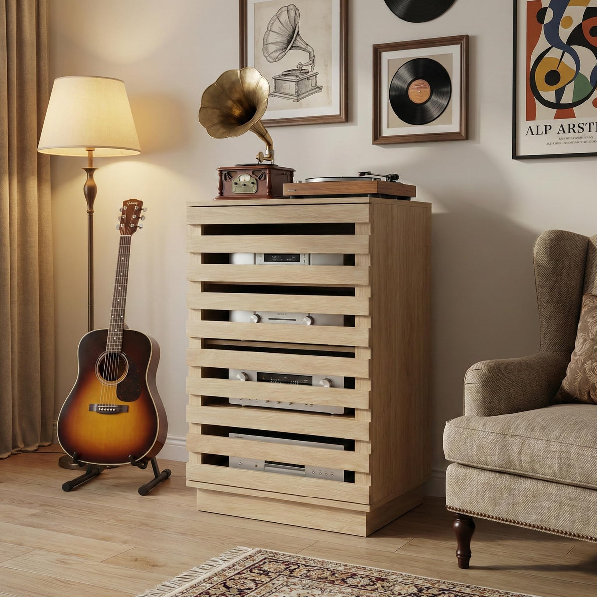 4-Tier Slatted Door Audio Cabinet with Cable Management – Oak