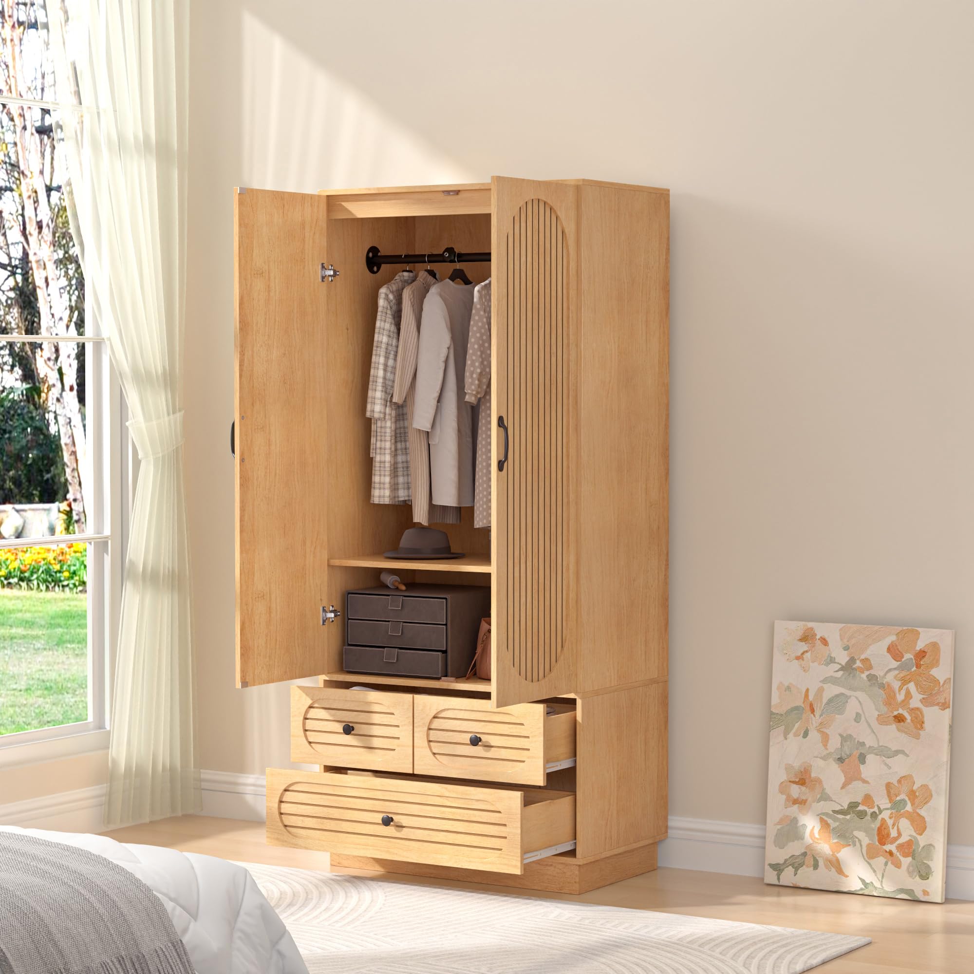 Wood Armoire Wardrobe Closet with Doors, Fluted Wardrobe Cabinet with 3 Drawers