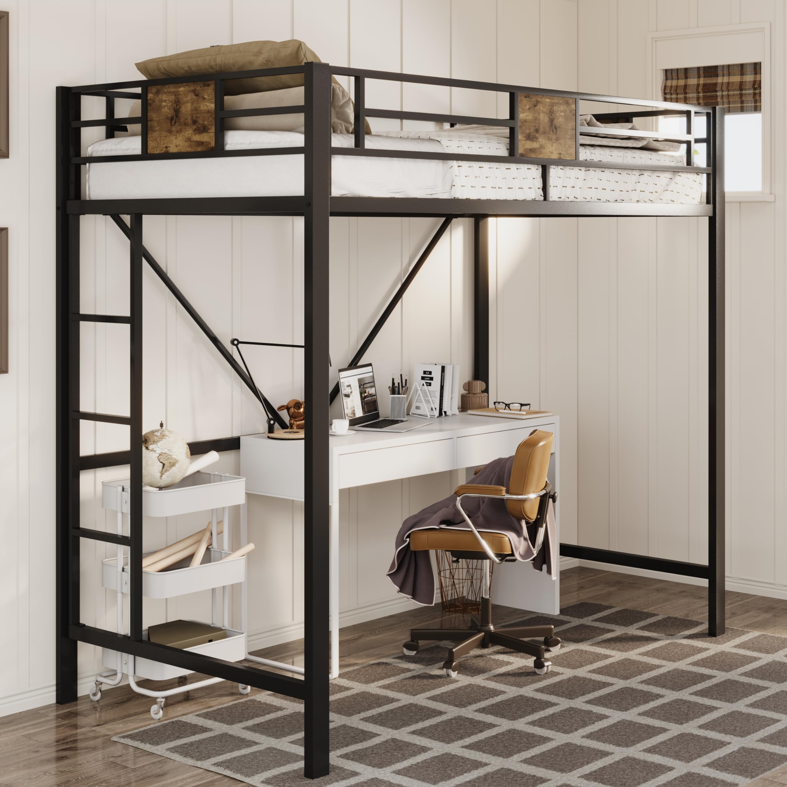 Twin Size Loft Bed Frame with Stairs & Guardrail, Small Space