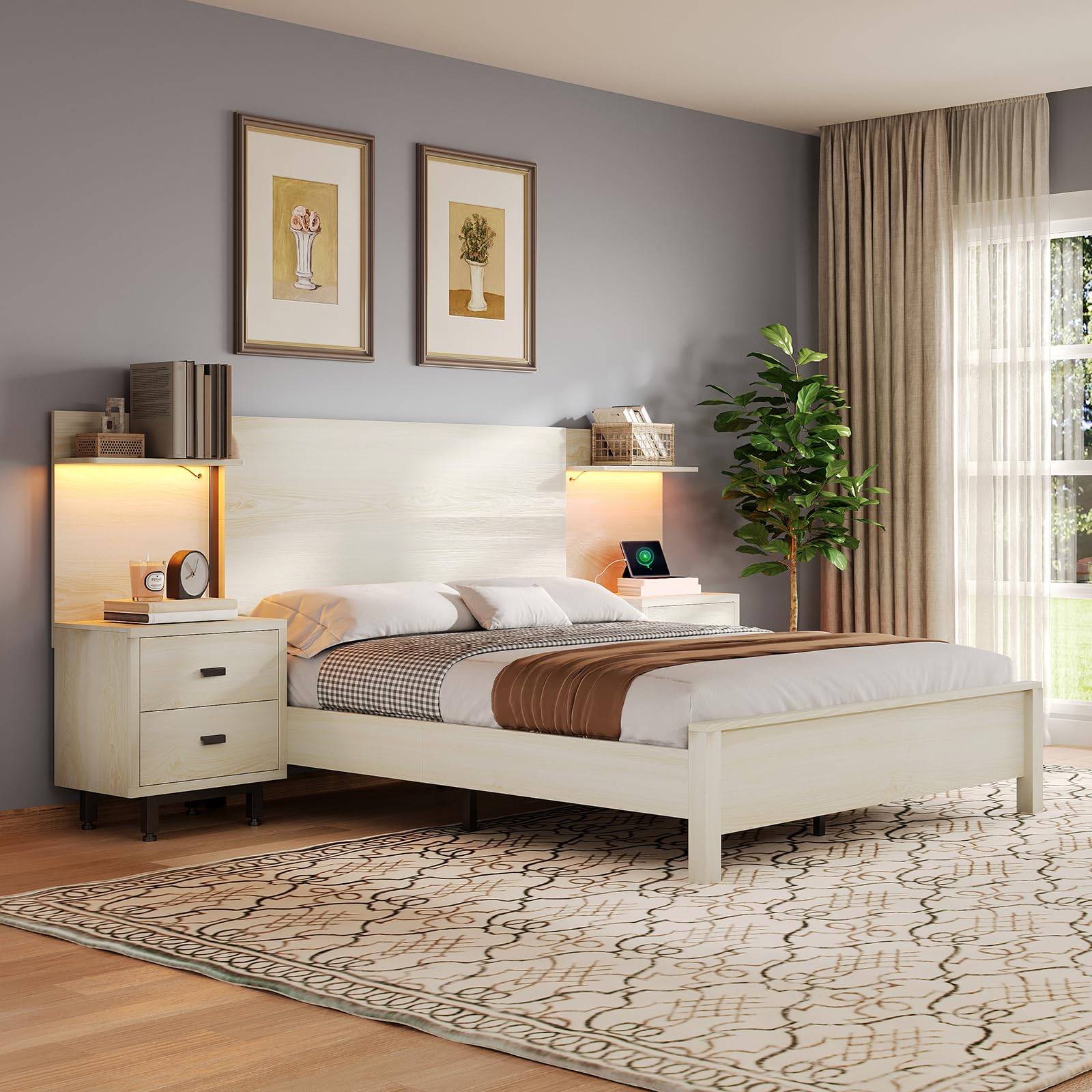 Queen Bed Frame with 2 Nightstands & LED Lights Headboard,104" Extended Wood Panel