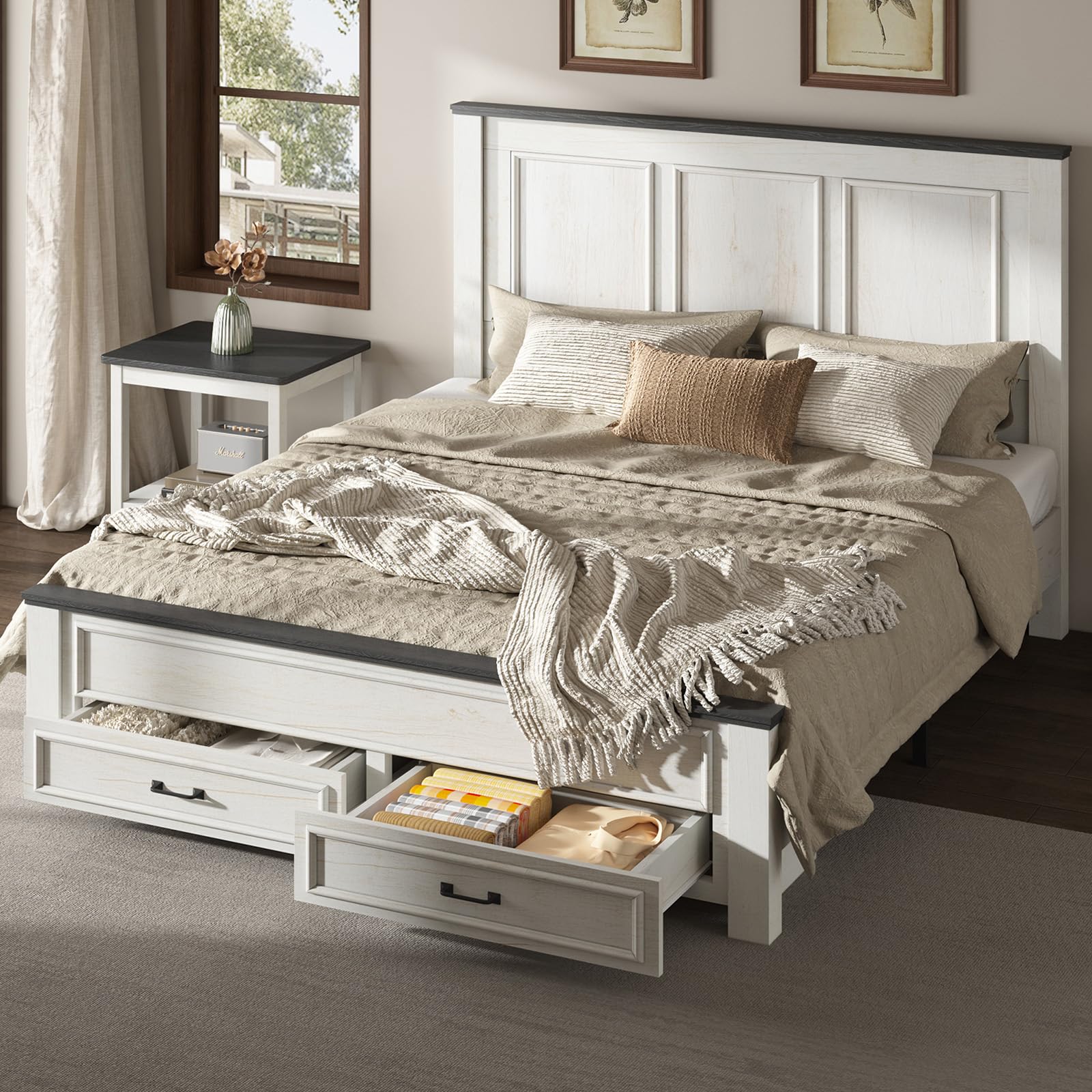 3-Piece Farmhouse Bedroom Set, Includes Queen Size Wood Platform Bed Frame
