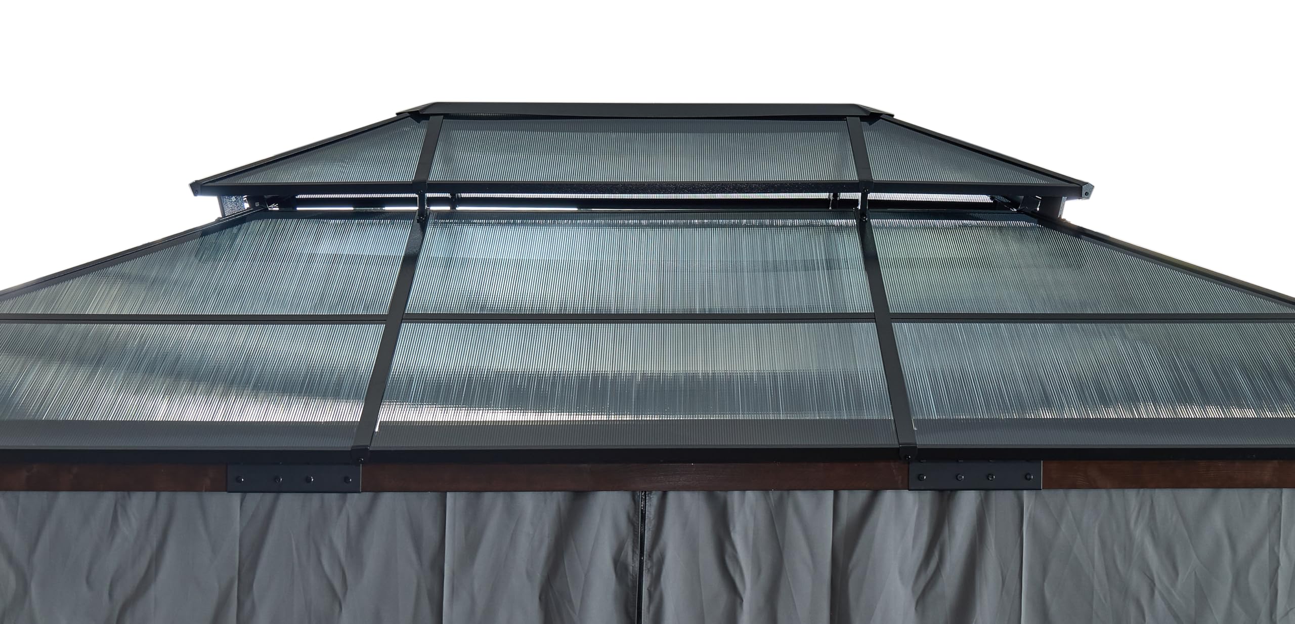 Yozma 10x13ft Hardtop Wooden Patio Canopy with Polycarbonate Double Roof, Privacy Curtains Mosquito Net – Solid Wood Frame for Backyard (Black + Brown, 1 Door)