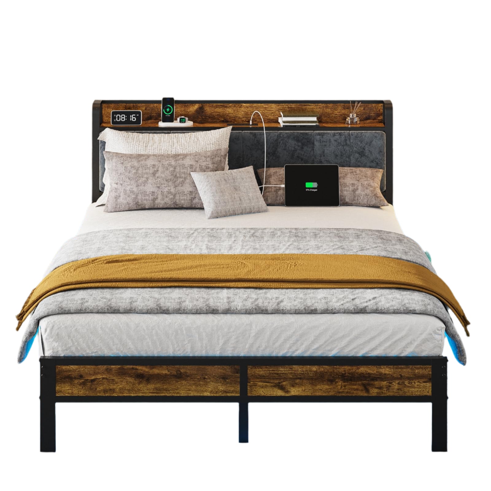 Bed Frame with Headboard, Metal Platform Bed with Smart LED Lights