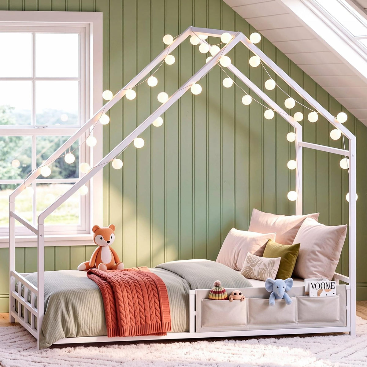 Twin House Floor Bed Frame with Metal Slats