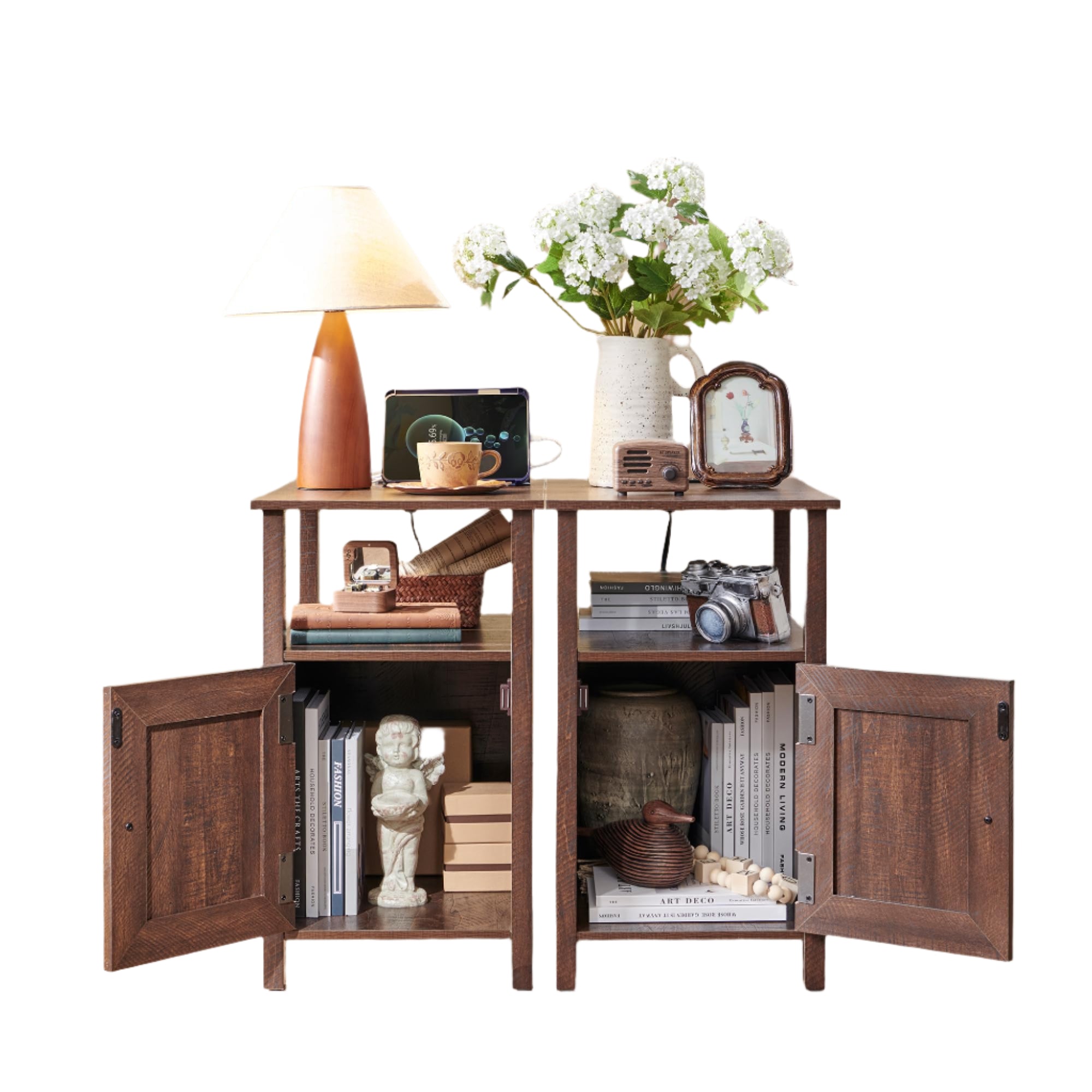 Farmhouse Nightstand Set of 2, End Table with Charging Station