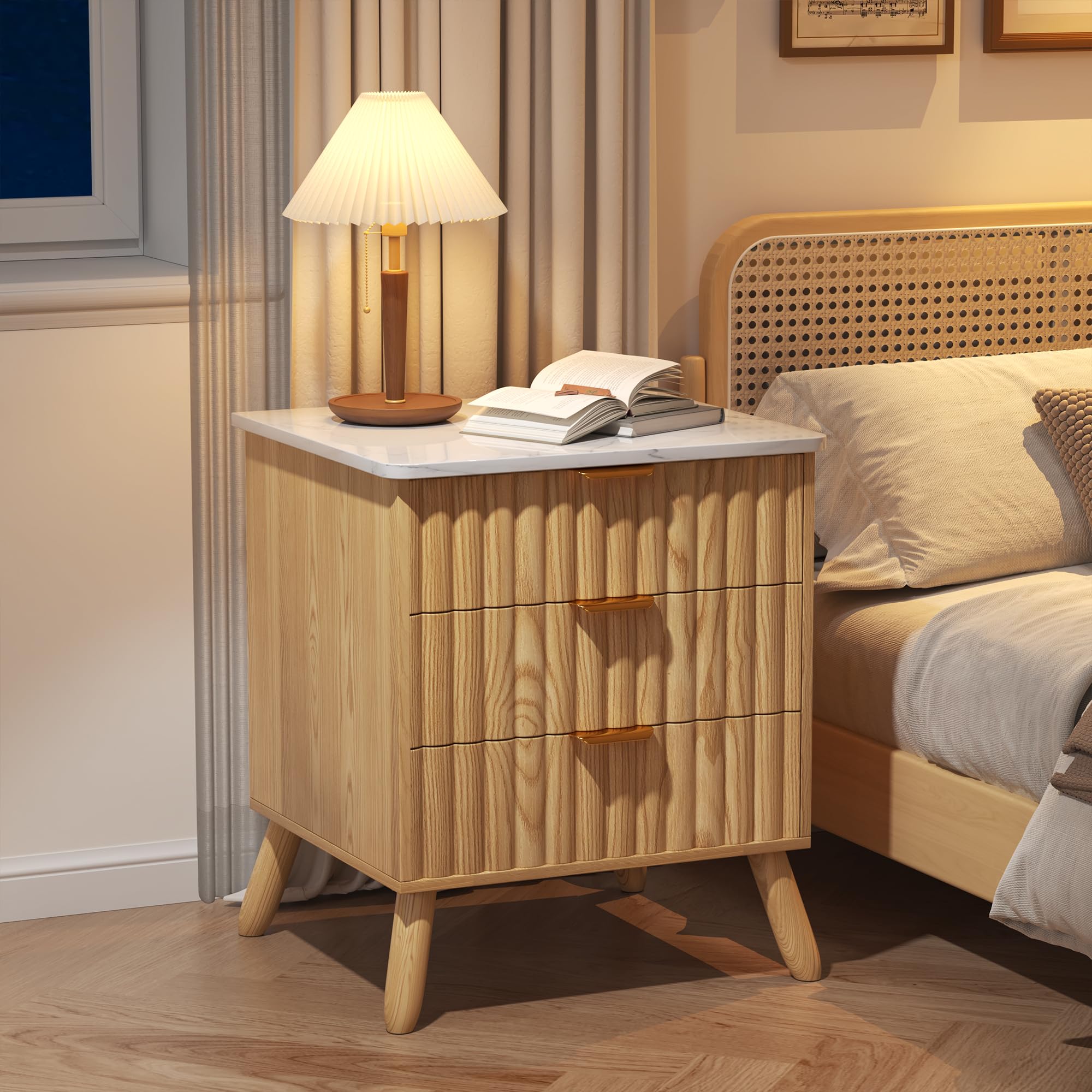 Nightstand Set of 2, Fluted Nightstand with 3 Drawers