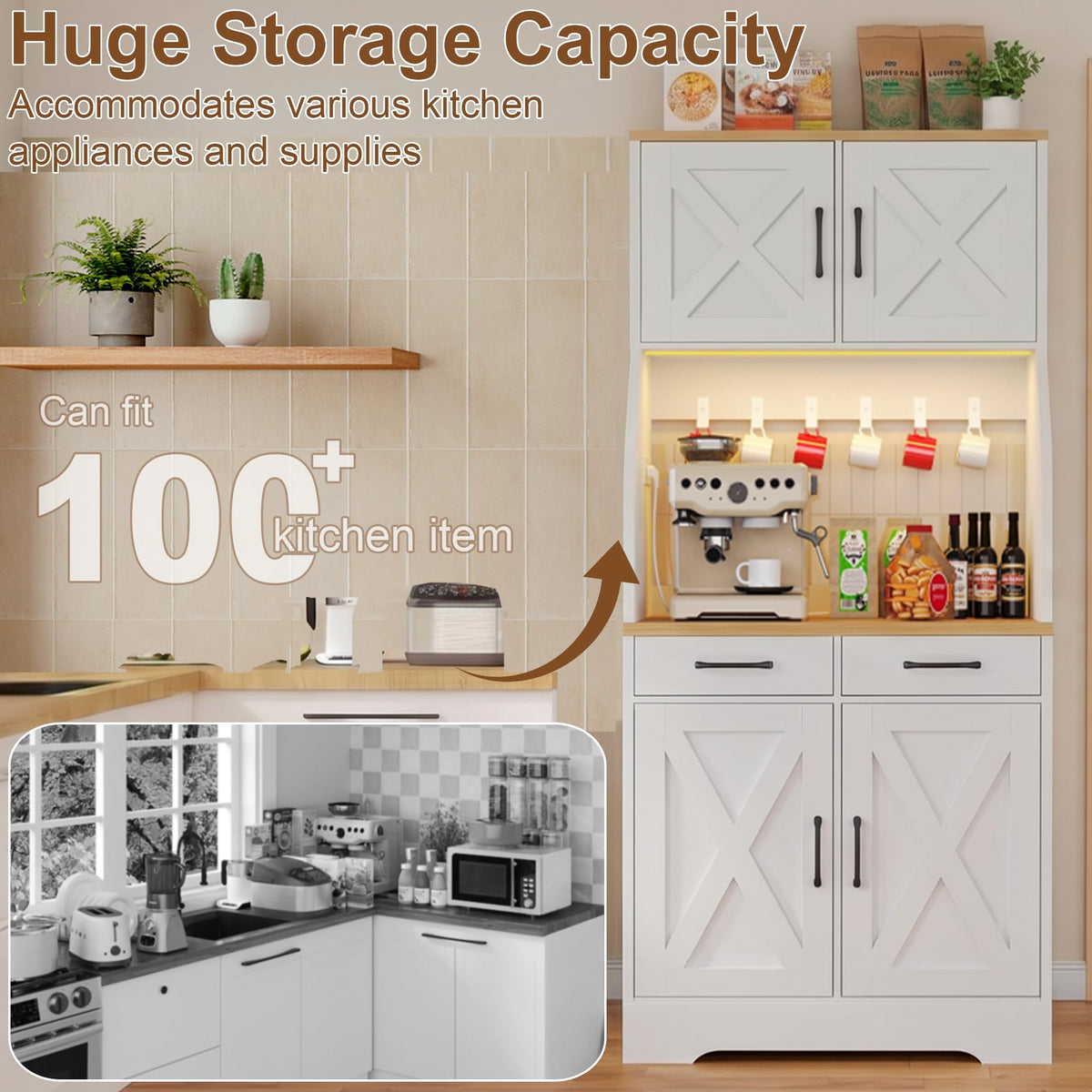 Tall Kitchen Pantry Cabinet with Charging Station & LED Light