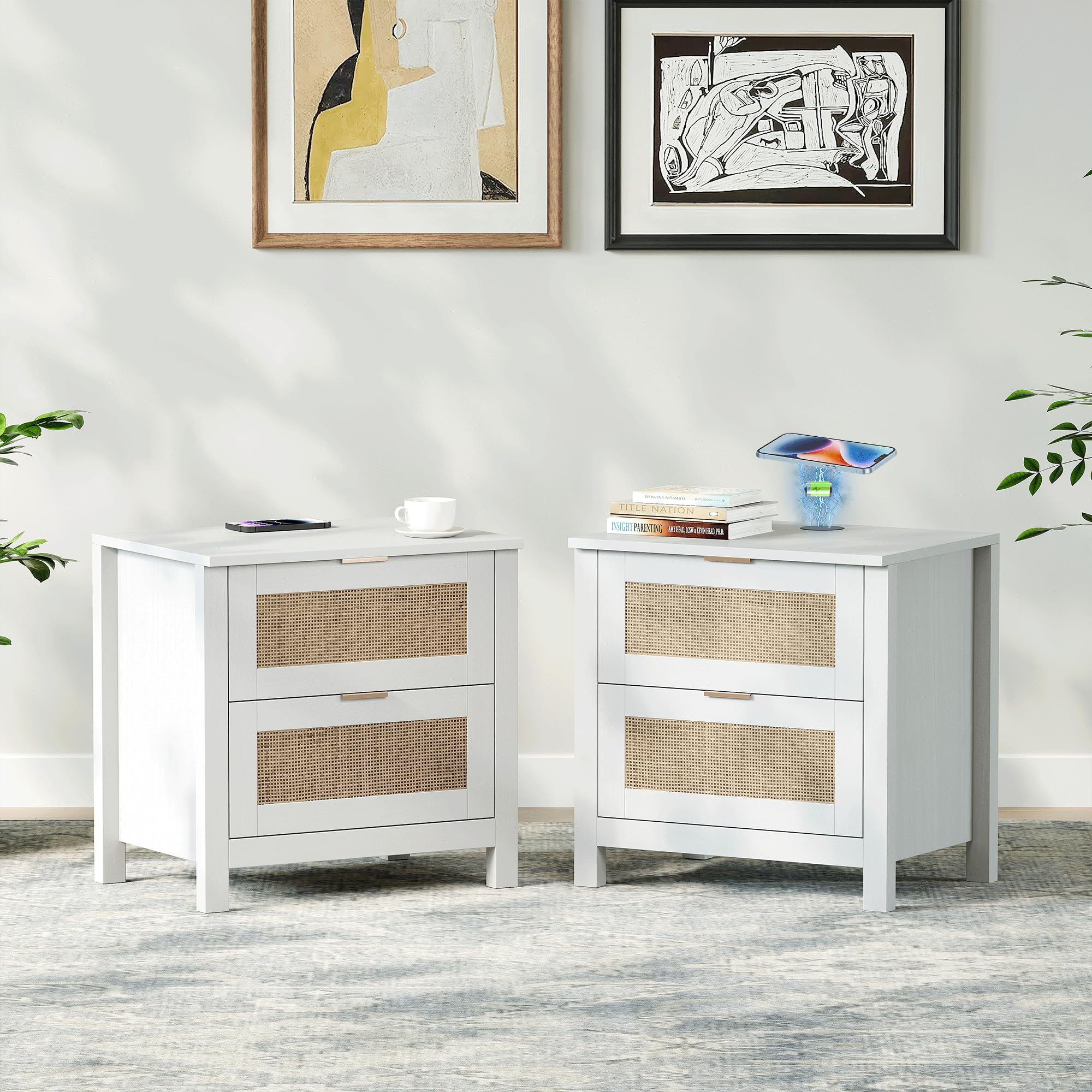 White Night Stand Set of 2, Rattan Nightstands Set of 2 with Wireless Charging Station