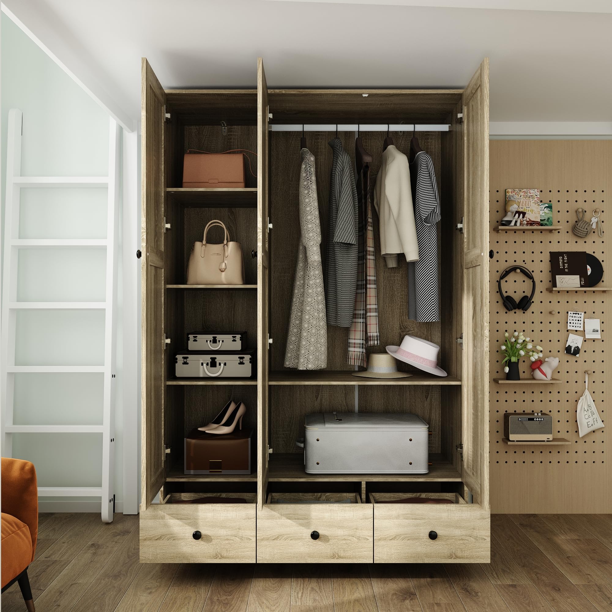3-Door Rttan Wardrobe Armoire Closet, Bedroom Cabinet Armoire