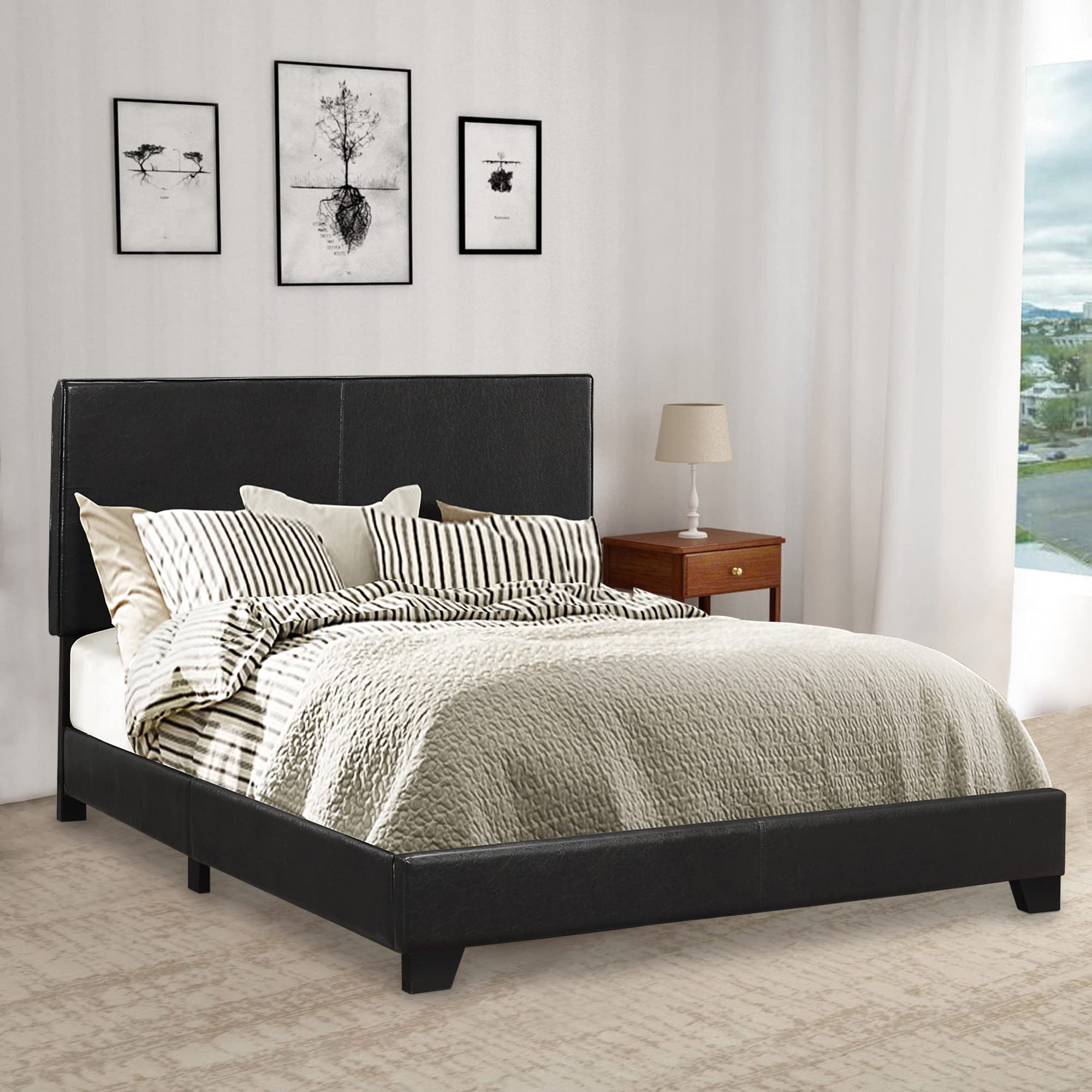 Wooden Leatherette Queen Size Platform Bed