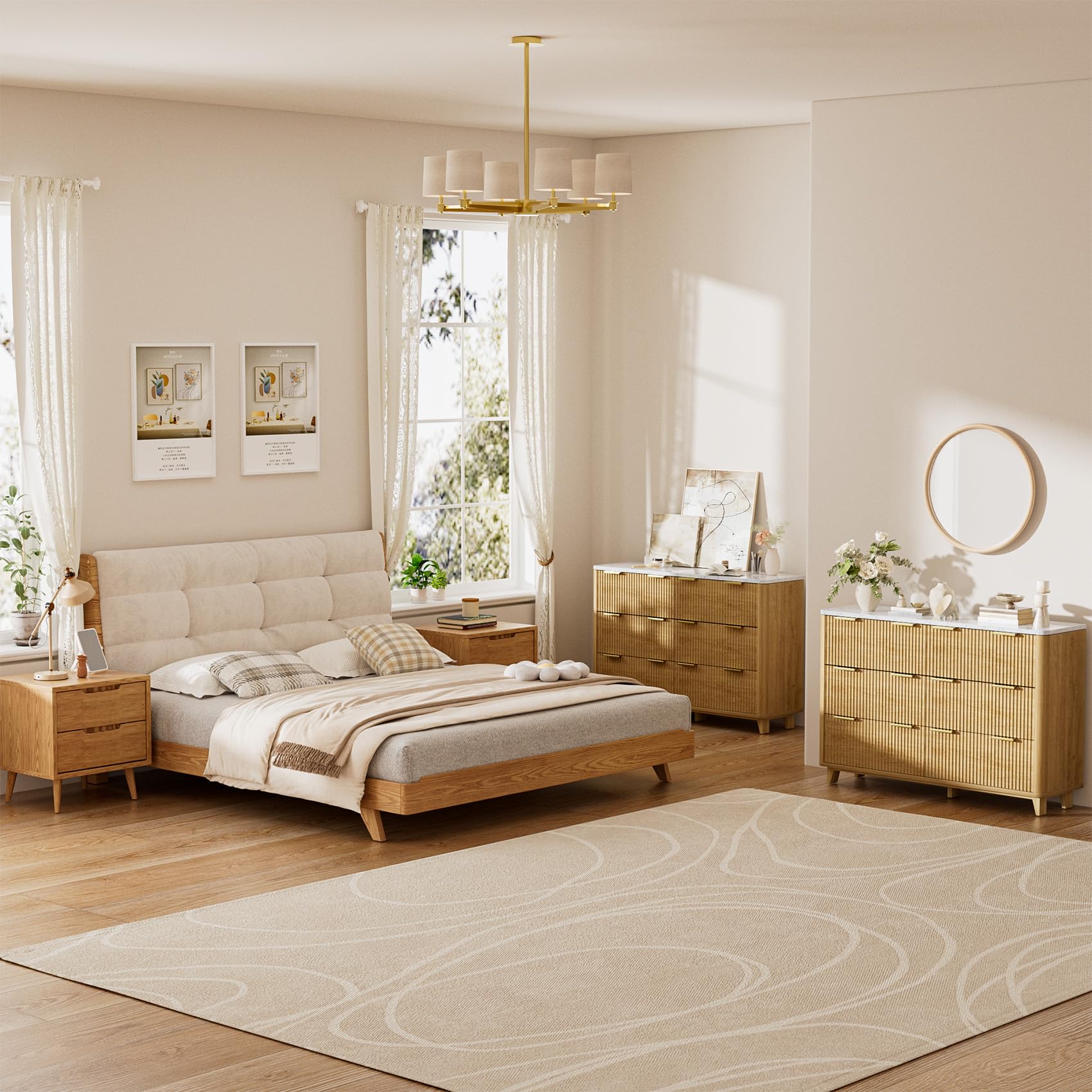 6 Drawer Dresser for Bedroom, 55" Wide Wood Fluted Chest of Drawers