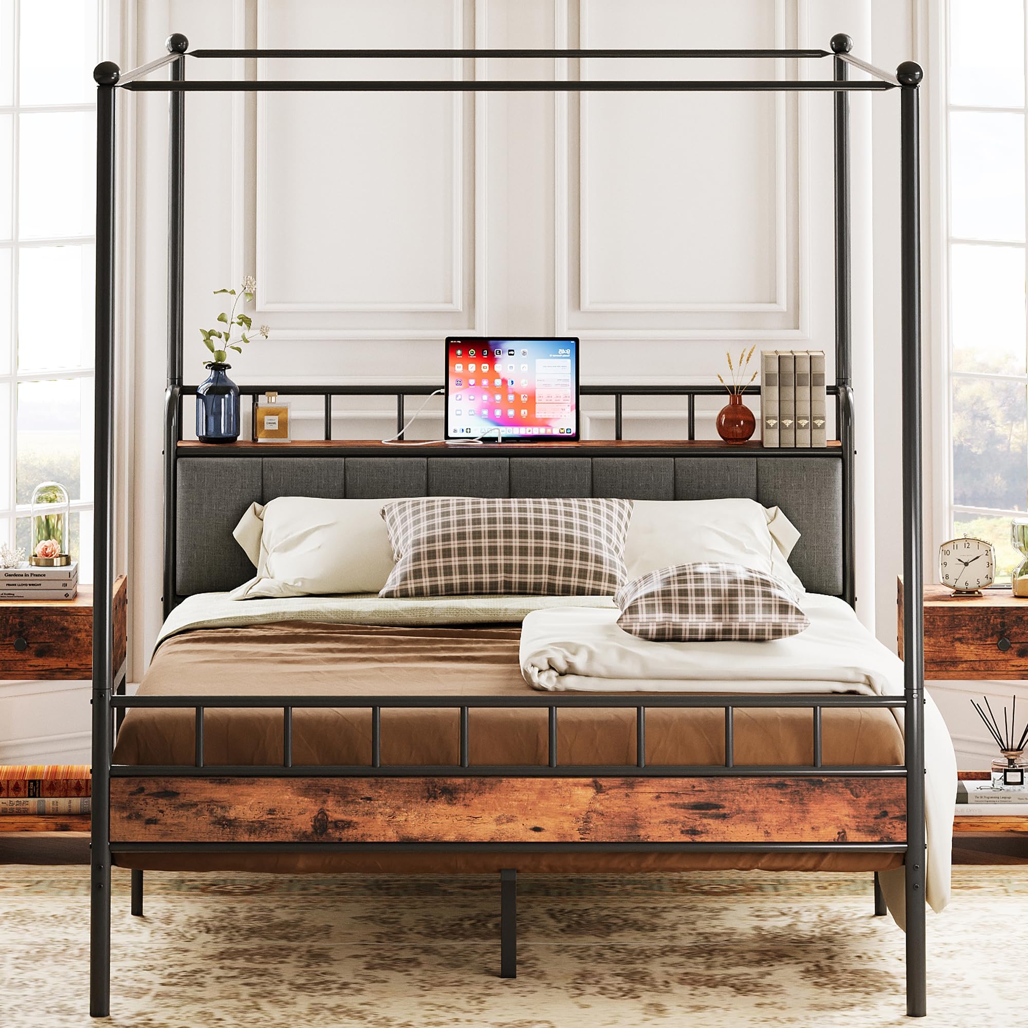 Canopy Bed Frame Queen, Storage Headboard with Charging Station, Platform Bed