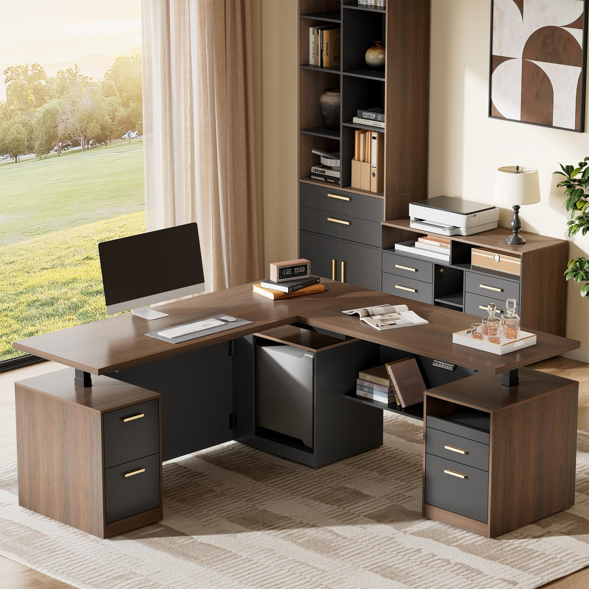 L-Shaped Electric Standing Desk with Drawers & CPU Storage