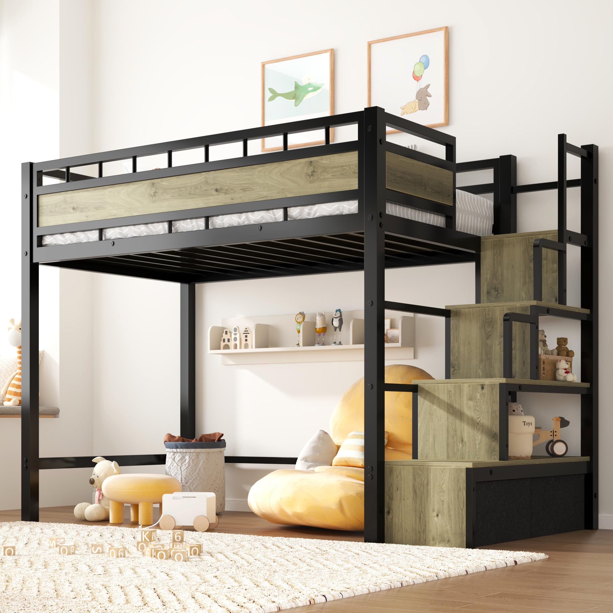 Size Metal Loft Bed with Storage Stairs & Drawers,Space-Saving