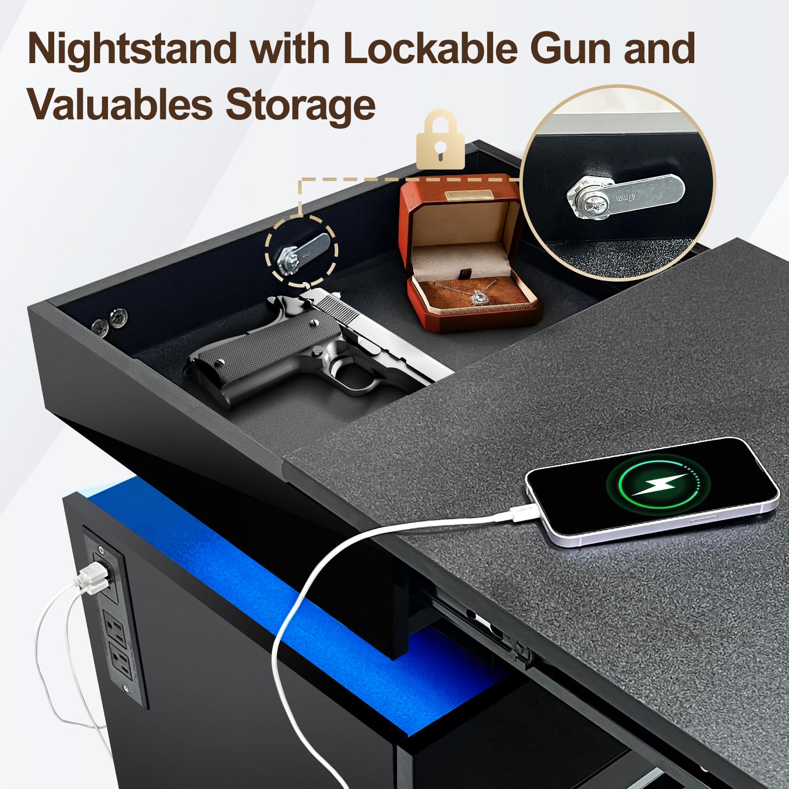 POVUD Night Stand with Gun Drawer Holder, Modern Bedside Table Nightstand with Led Lights and Hidden Locking Compartment with Power Strip Outlet and USB C Port Storage Shelves for Bedroom Black