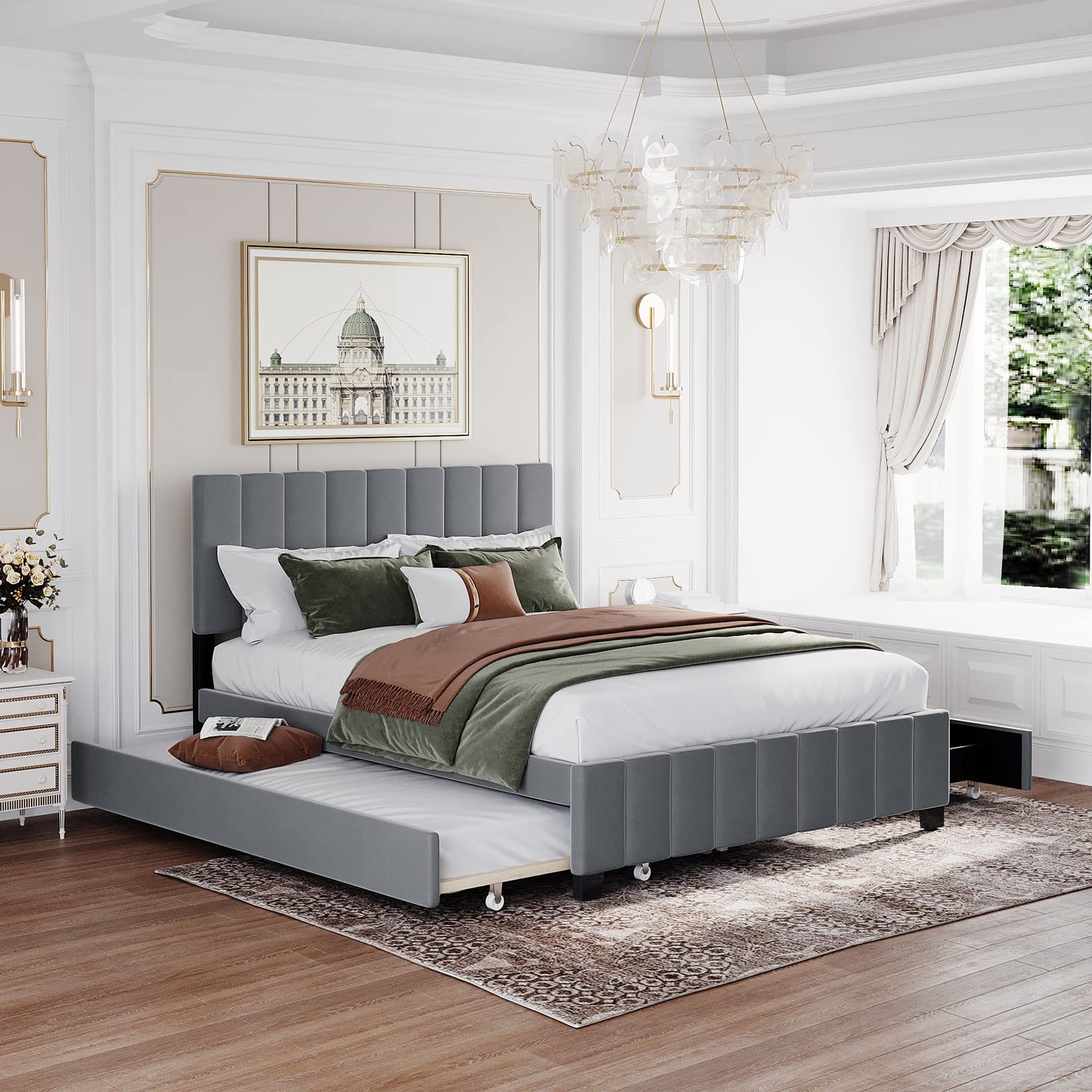 Queen Size Velvet Upholstered Platform Bed Frames with 2 Storage Drawers