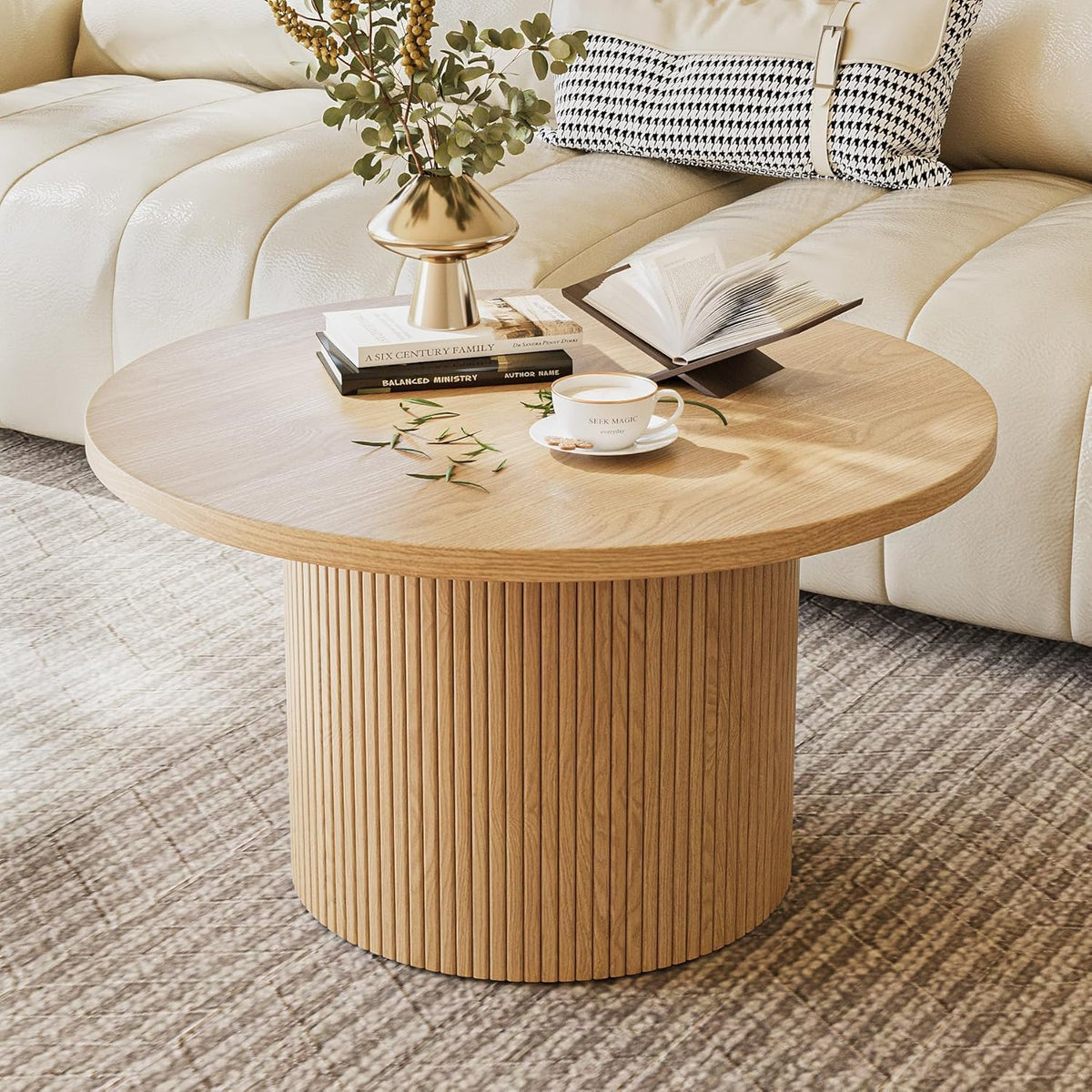Fluted Living Room Table Set with TV Stand & Storage