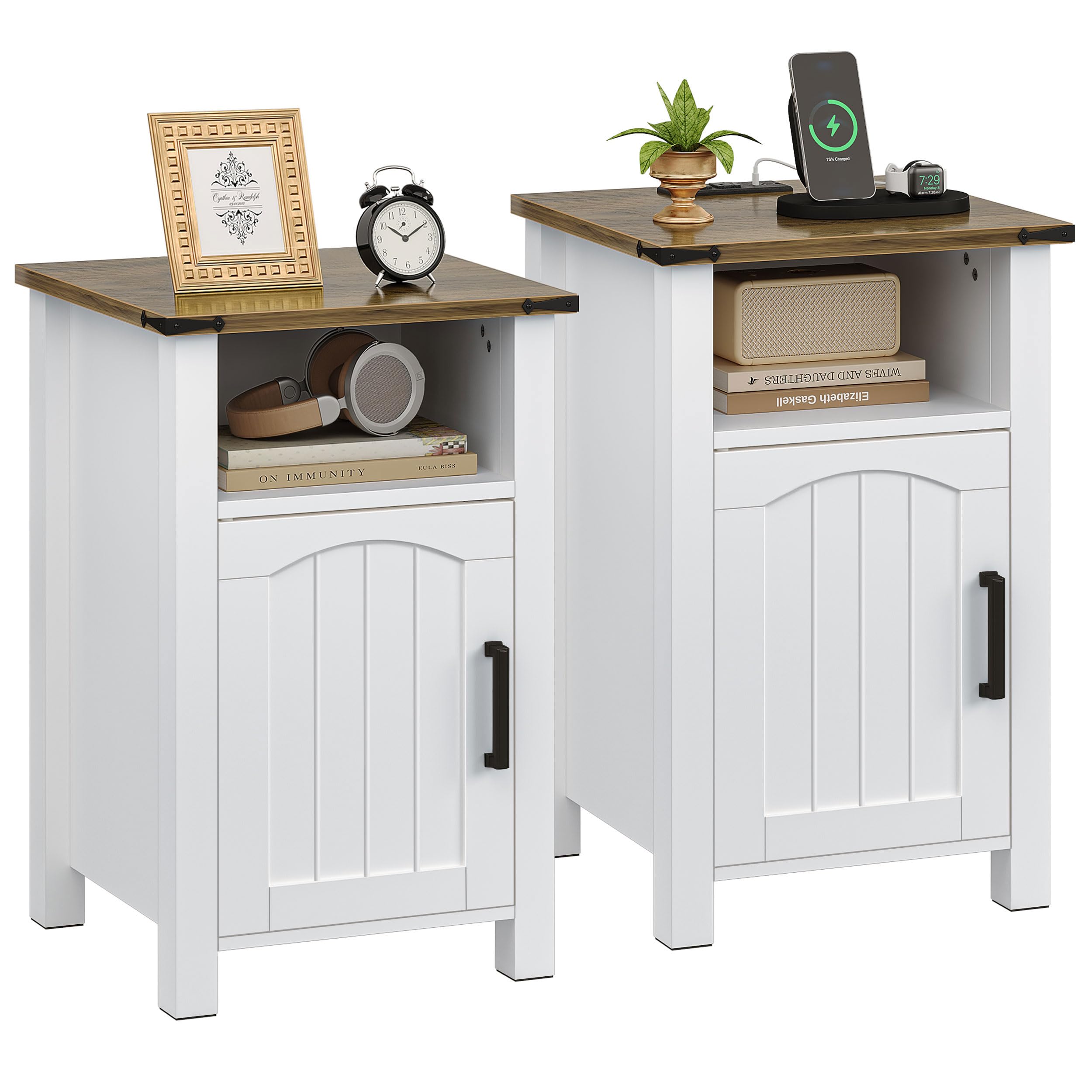 Farmhouse Nightstand with Charging Station, Set of 2 End Table