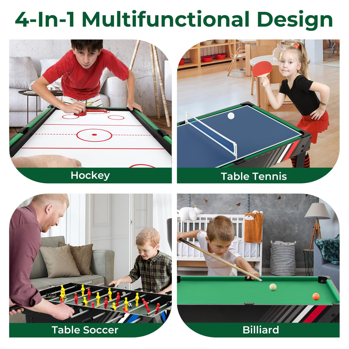 4-in-1 Combo Game Table with Pool, Foosball, Air Hockey & Ping Pong
