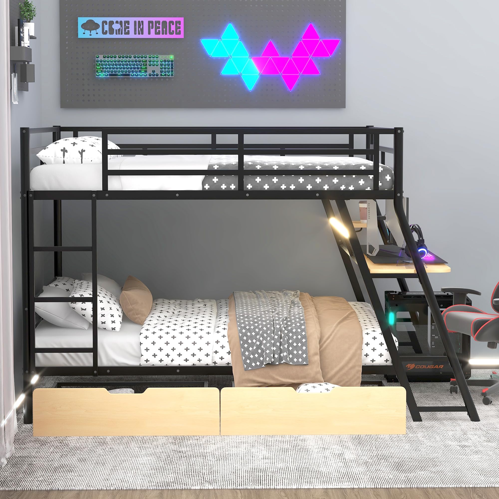 Bright Designs Metal Full Over Full Bunk Bed with Built-in Desk